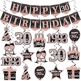 30th Birthday Decorations for Women, Pink and Black 1993 Birthday Party Decorations Include Happy 30th Birthday Banner and Hanging Swirls, Happy 30th Birthday Party Decor for Women