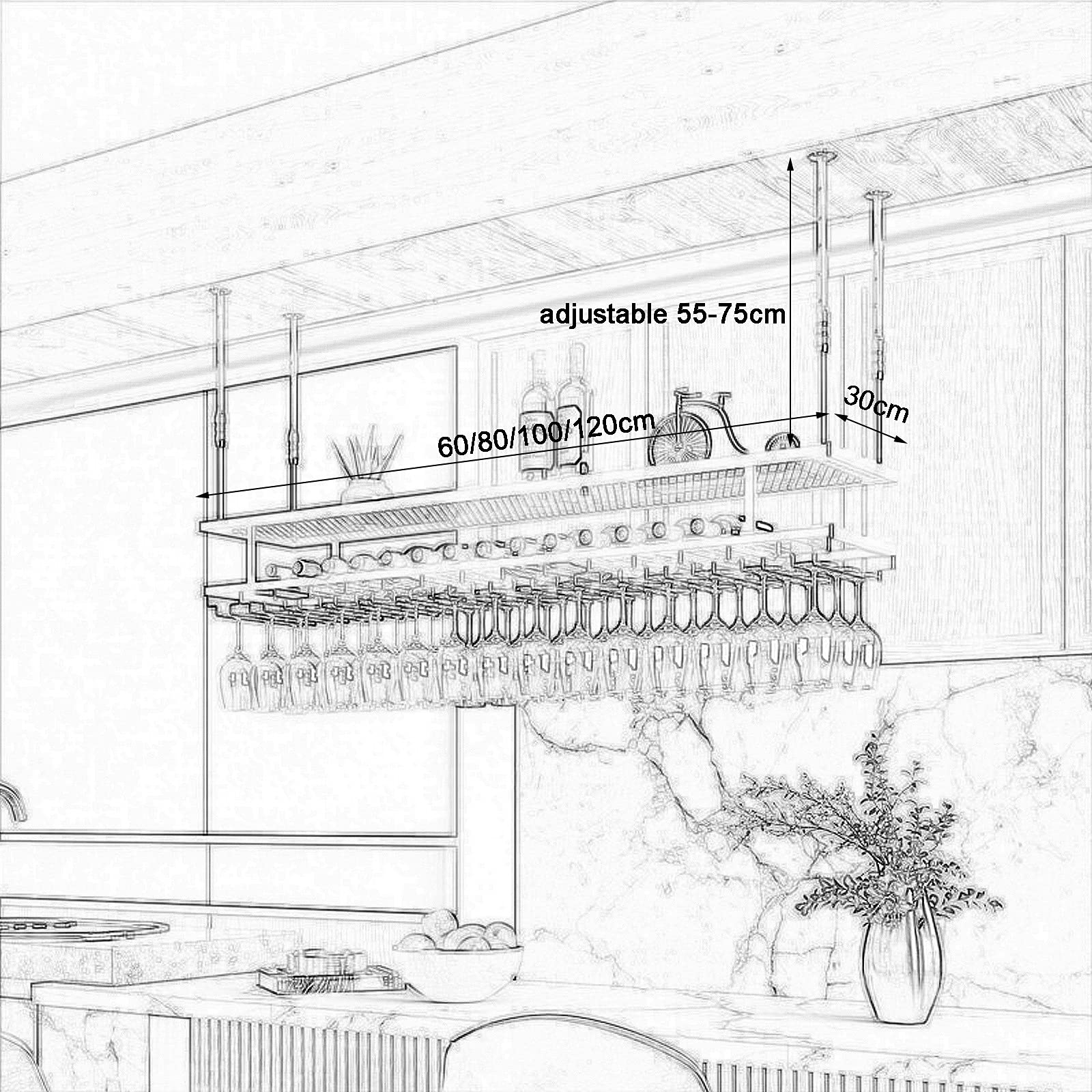 BTZHY Portabottiglie,Mensola da soffitto Industriale da Appendere con Supporto in Vetro, portabicchieri da Vino Regolabile da Bar a soffitto, mensola Galleggiante a 2 Livelli, per Esposizione, con