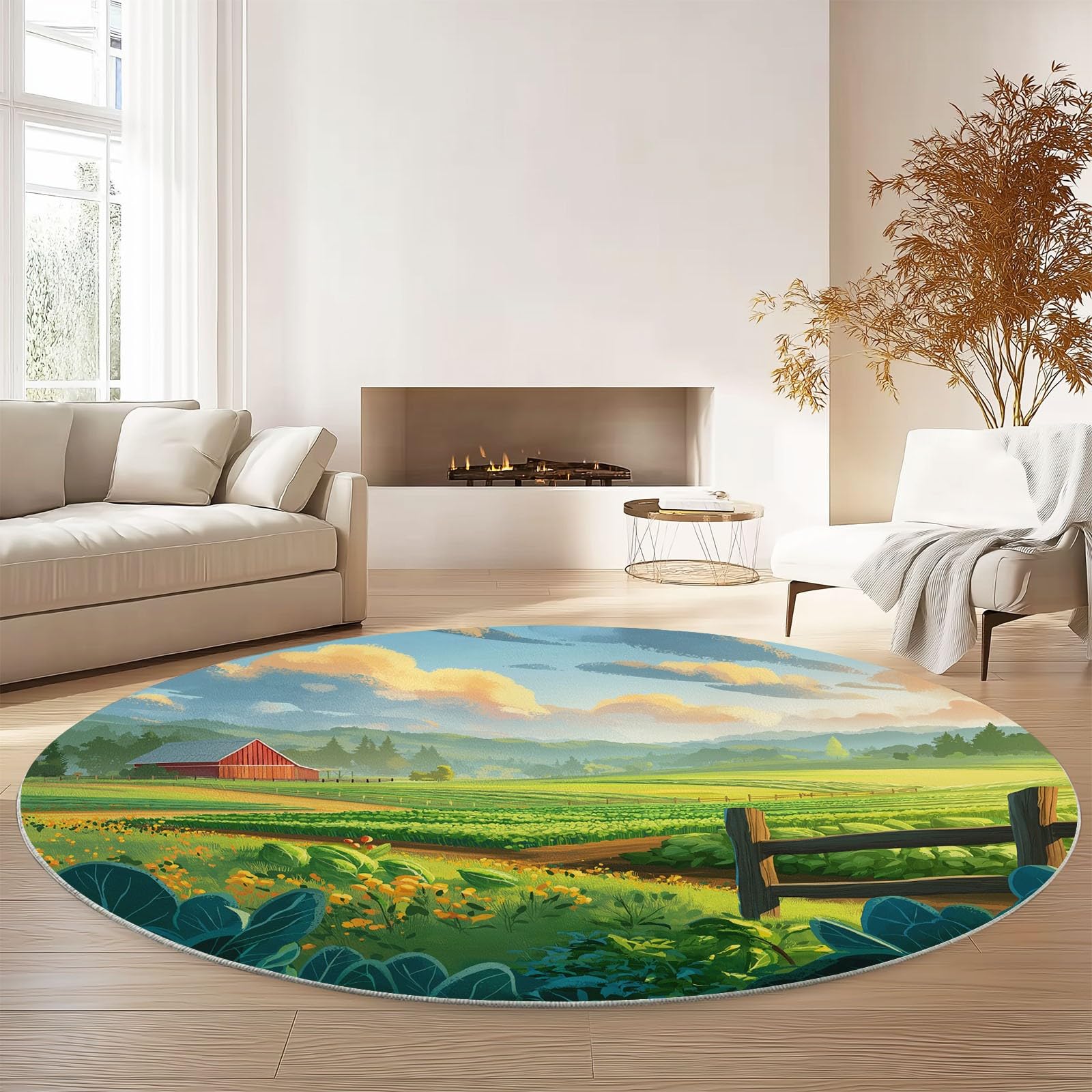 Generisch Cartoon Bauer Bauernhof Runder Teppich Wohnzimmer, Grün Style Schlafzimmer Dekoration Teppich Teenager Männer Gaming Zone Rugs Mat rutschfest Washable, 160 cm