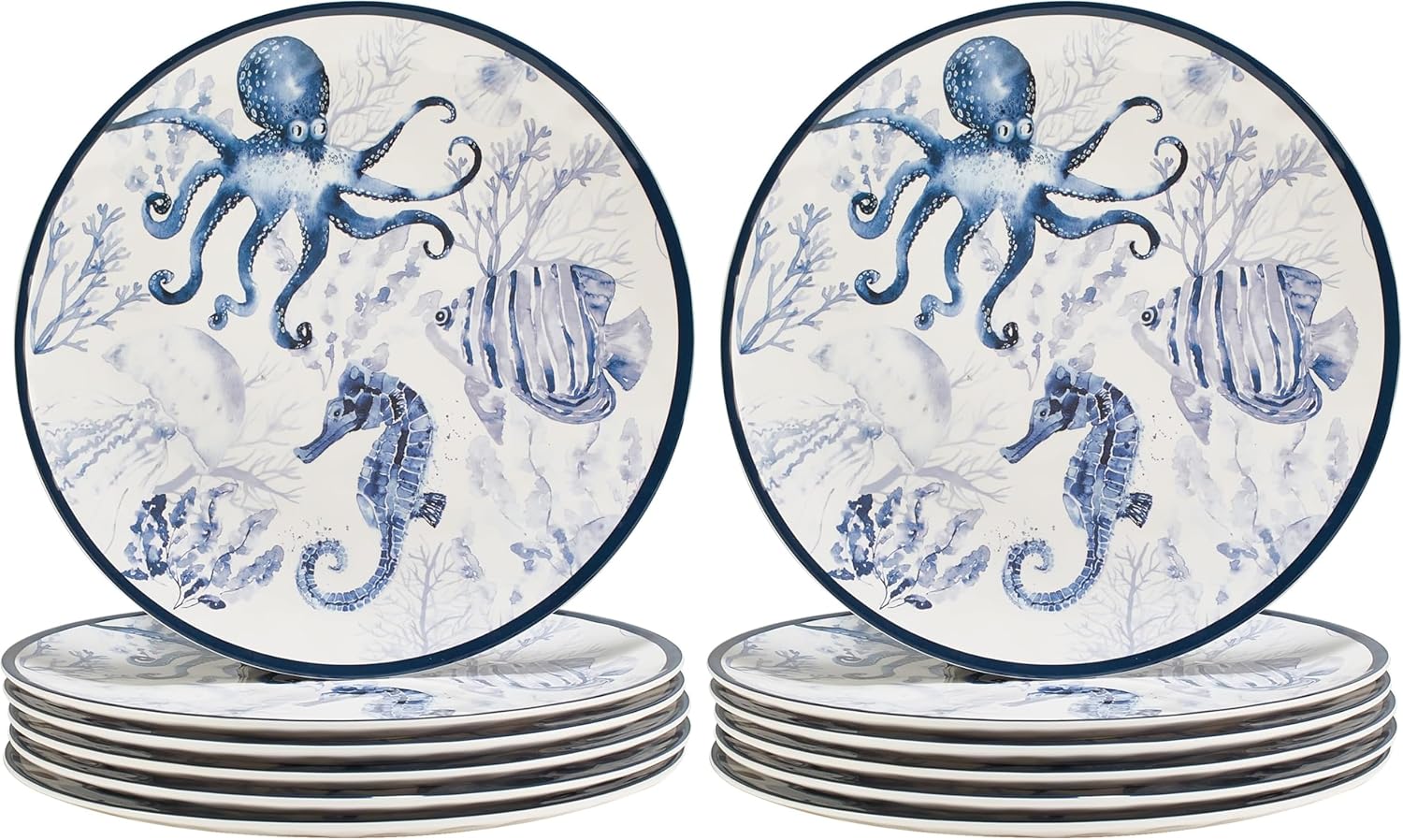 Sea Life Melamine Dinner Plates Set of 6 – 11" Reusable Coastal Ocean-Themed Plates Featuring Octopus & Seahorse Art, Nautical Beach House Dinnerware, Dishwasher Safe, Break-Resistant