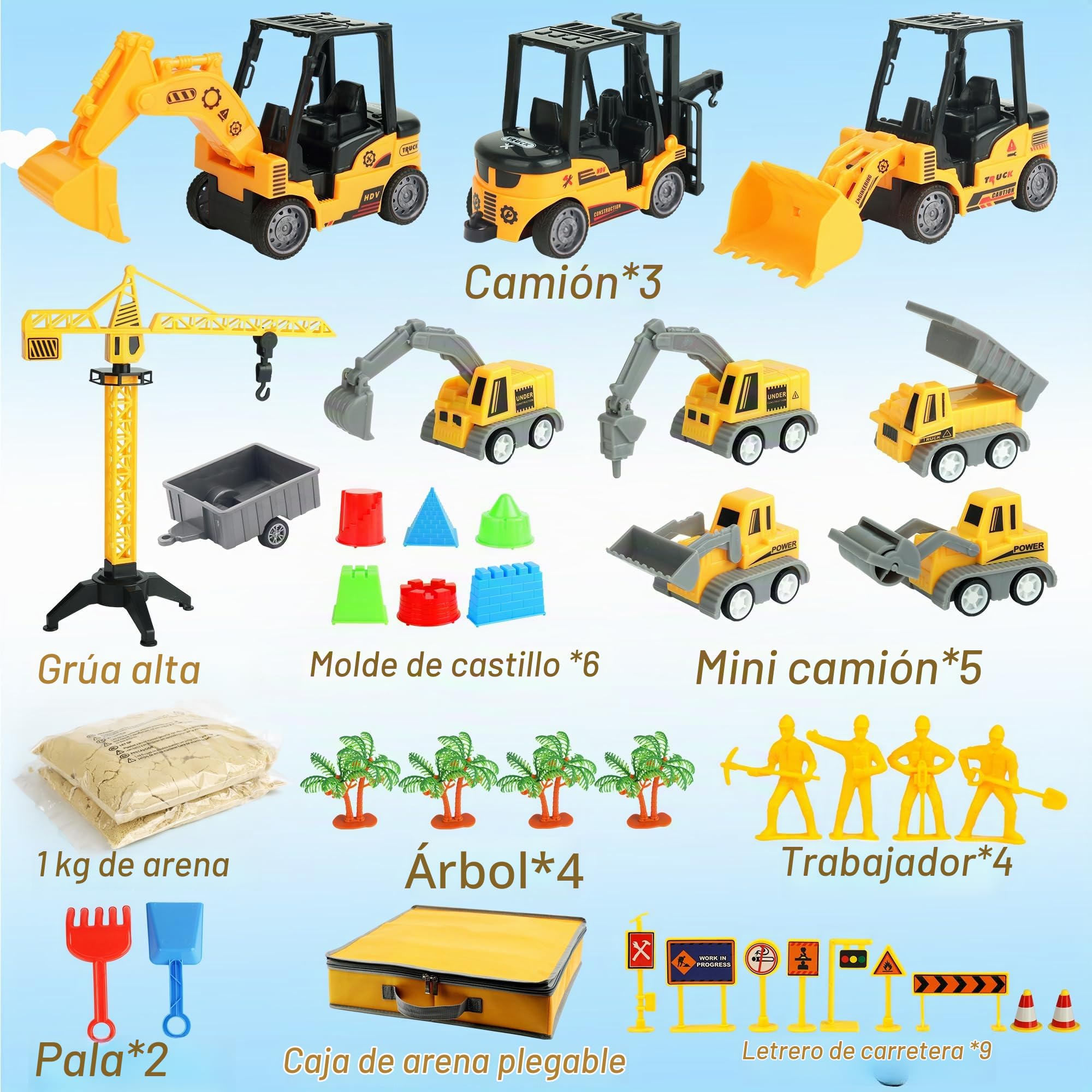 Kit Arena Mágica Construcción 37 Piezas, Camiones Y Caja Plegable 3-8 Años