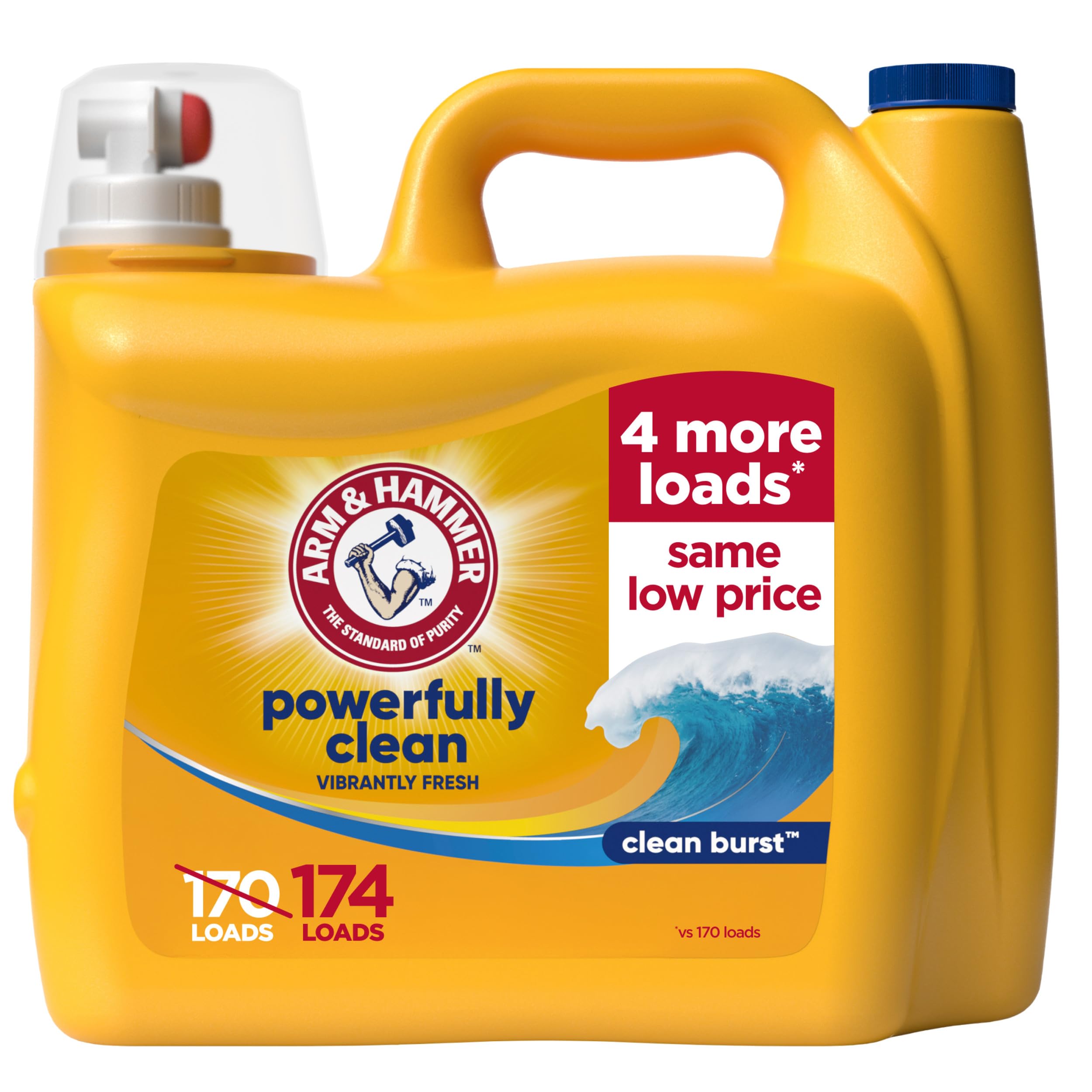 ARM & HAMMER Liquid Laundry Detergent, Clean Burst Scent, 174 Fl Oz | Concentrated Formula, Powerful Clean, Clean Burst Scent, With 4 More Loads, 174 Fl Oz, 174 Loads