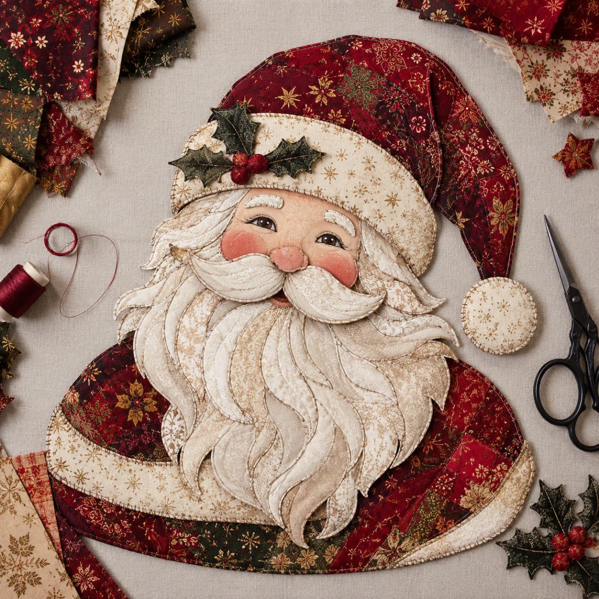 Christmas Patchwork Fabric DIY Decor Kit, Xmas Holiday Patchwork Sewing Kit, Christmas Patchwork Fabric DIY Decor Kit, Layered Santa Appliqué, Wall, Door & Window Décor (Santa Claus)