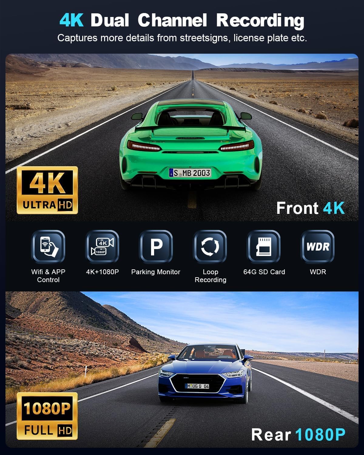 4K Dash Cam Front and Rear, Built-in WiFi, 170° Wide Angle, Night Vision, 24H Parking Monitor, G-Sensor, WDR, 1.47” IPS Screen, with 64GB SD Card (Supports 256GB Max) - Car Dash Camera with App