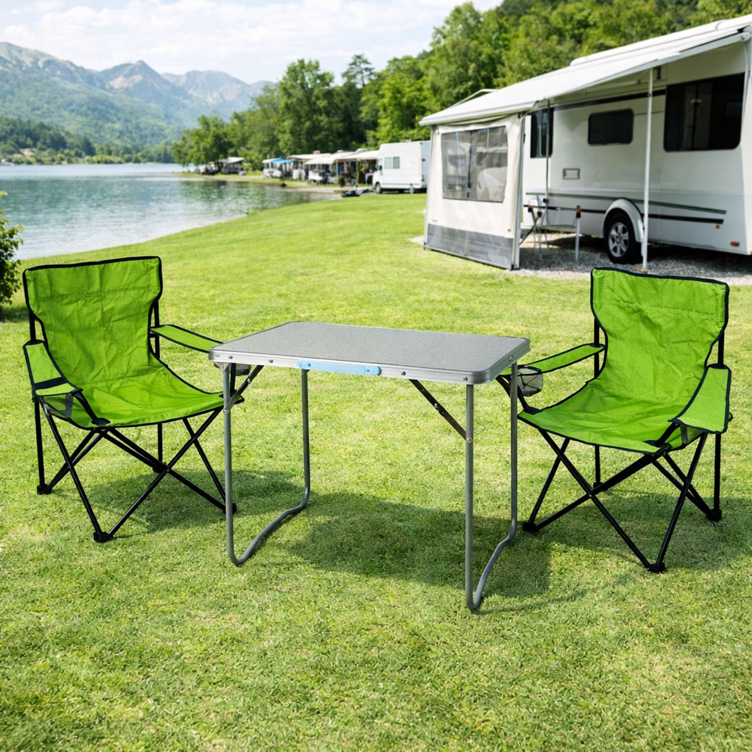 Mojawo - Set di 3 mobili da campeggio, in alluminio, 80 x 60 x 68 cm, 1 tavolo XL con maniglia e 2 sedie pieghevoli, colore: Verde lime