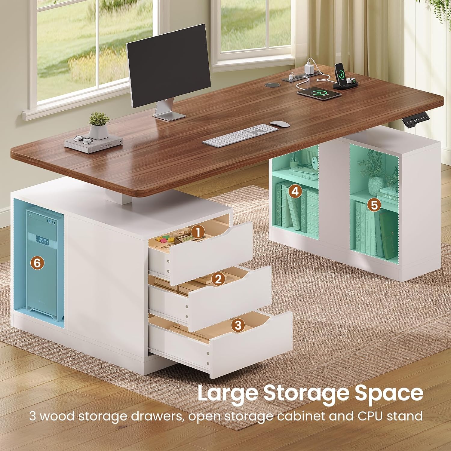 SEDETA 63" Modern Electric Standing Desk with 3 Drawers, Storage Shelves | Height Adjustable Computer Desk with Power Outlets, 28"W Desktop, Wood Home Office Stand up Desk for Work, Study, White Brown image 5