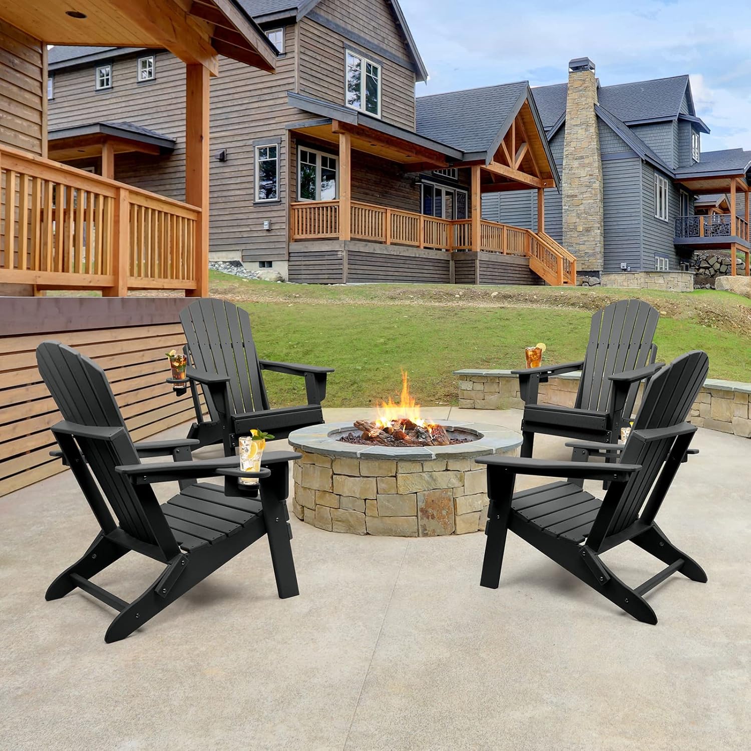 FUNBERRY Folding Adirondack Chair Set of 4, Fire Pit Chairs, Plastic Adirondack Chairs Weather Resistant with Cup Holder, Composite Adirondack Chairs, Black : Patio, Lawn & Garden