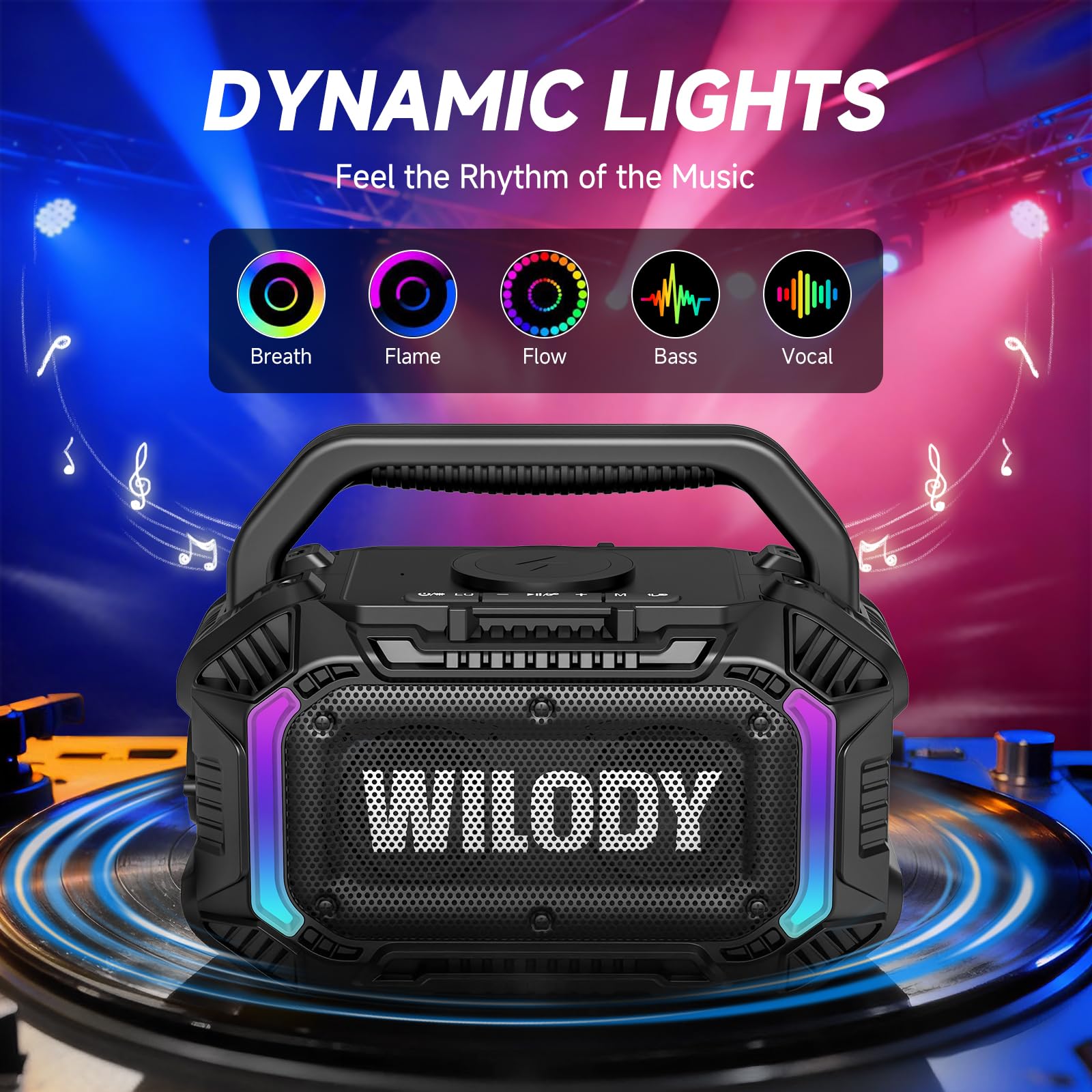 Wilody Bluetooth Lautsprecher Groß,100W Outdoor Tragbarer Lautsprecher with Bass,Musikbox Soundbox Bluetooth IPX7 Wasserdicht & Schwimmt,Drahtloses Laden,20h Akku,LED-Licht,Type-C,BT,Schwarz