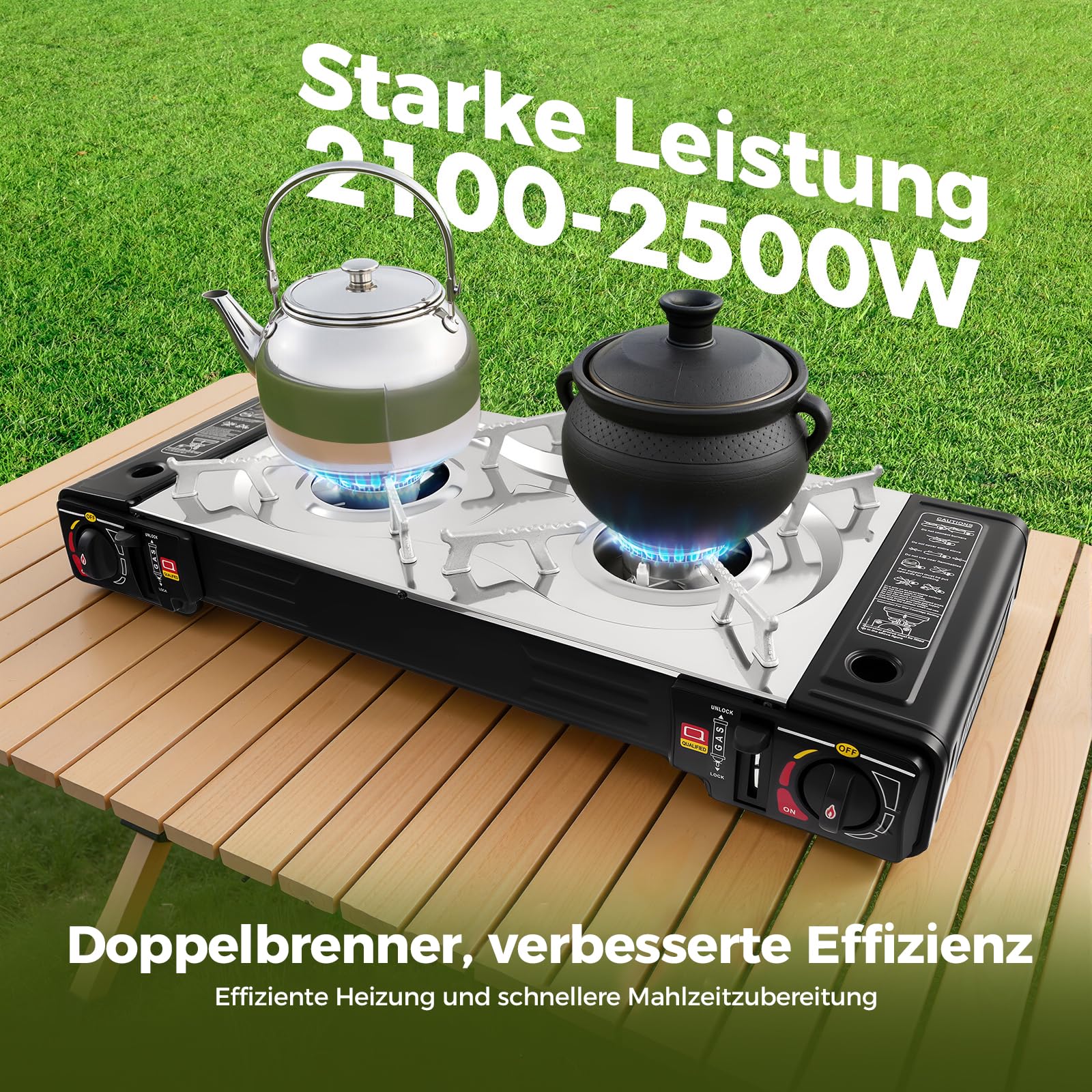 2-in-1 Gaskocher 2-Flammig Campingkocher mit Grillplatte, Tragbarer Camping Grill Gas Stove Campingkocher Gas Kochfeld für Outdoor und Innenraum