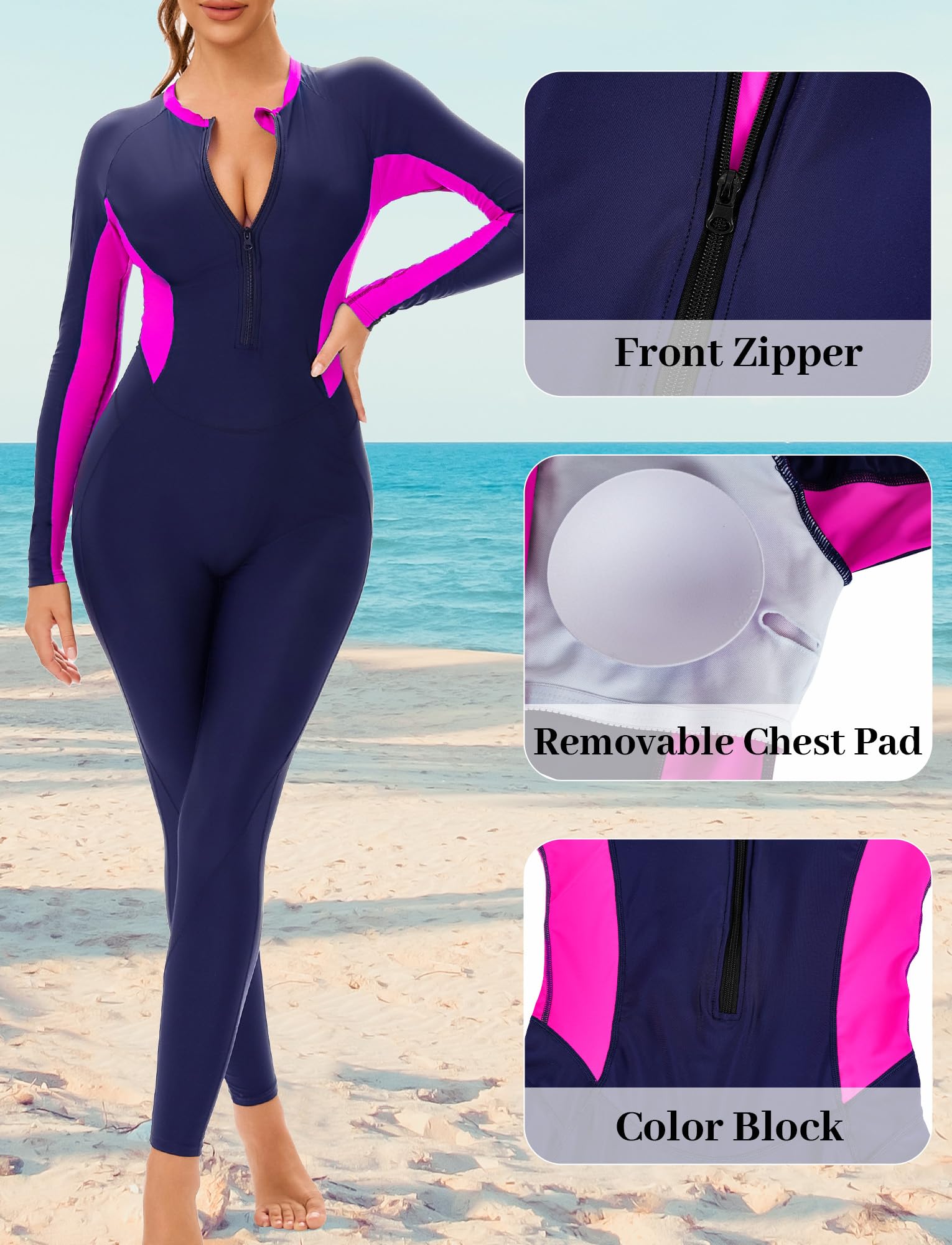 SEAUR Damen Ganzkörper-Badeanzug Einteiliger Reißverschluss Front Rash Guard Badebekleidung UPF 50+ Langärmeliger Tauchbadeanzug zum Schnorcheln