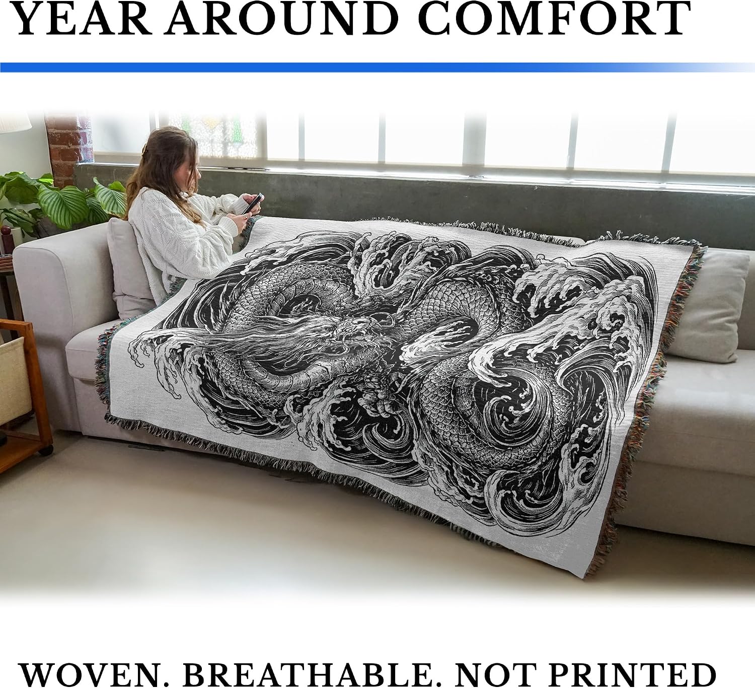 Pure Country Weavers Irezumi Dragon Black and White Blanket - Fantasy Gift Tapestry Throw Woven from Cotton - Made in The USA (72x54)