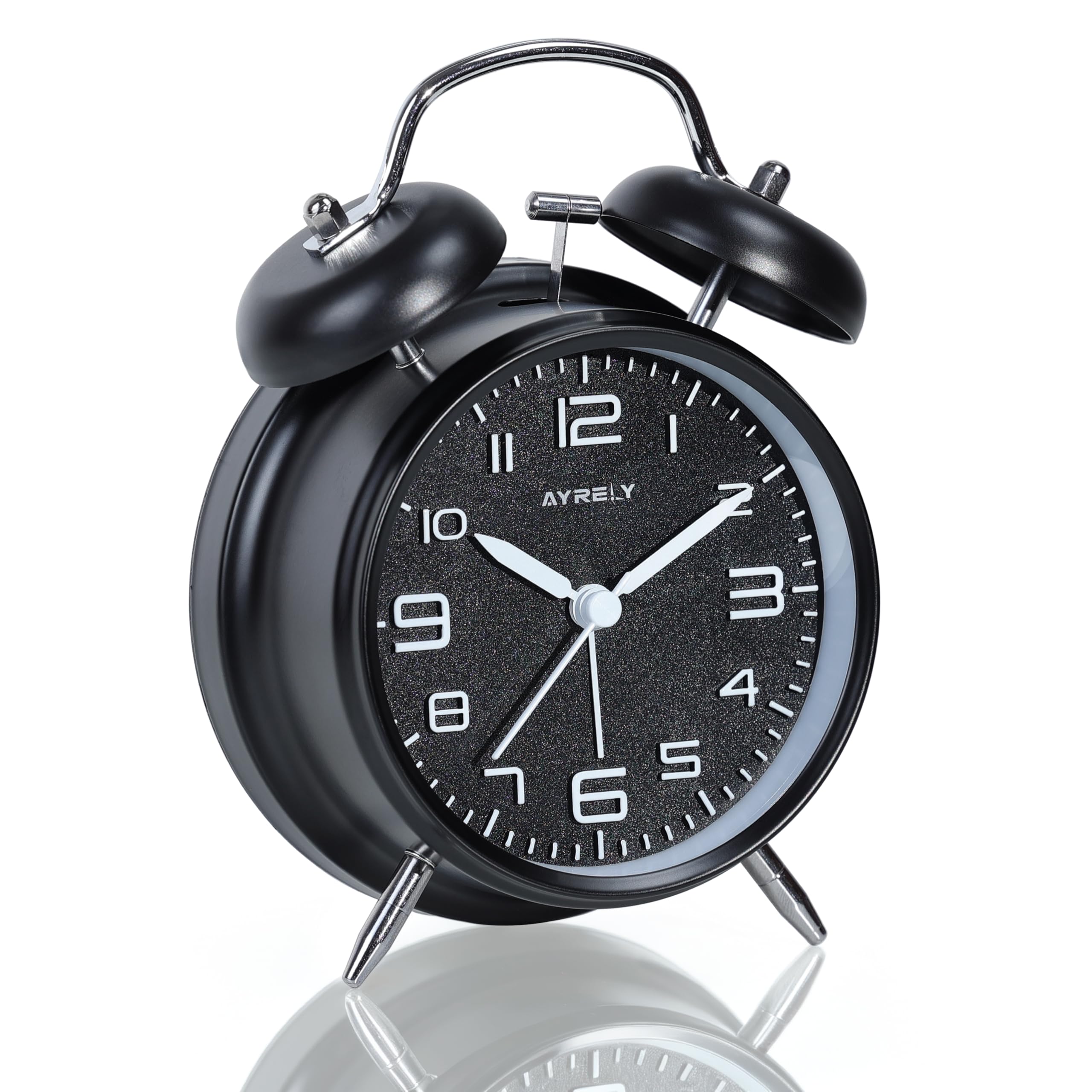 AYRELY® Loud Alarm Clock for Heavy Sleepers, Retro Twin Bell Design, 4-Inch Silent Analogue Clock with Pearl Dial and Night Light, Battery Operated Bedside or Desk Clock (3D Dial–Black)