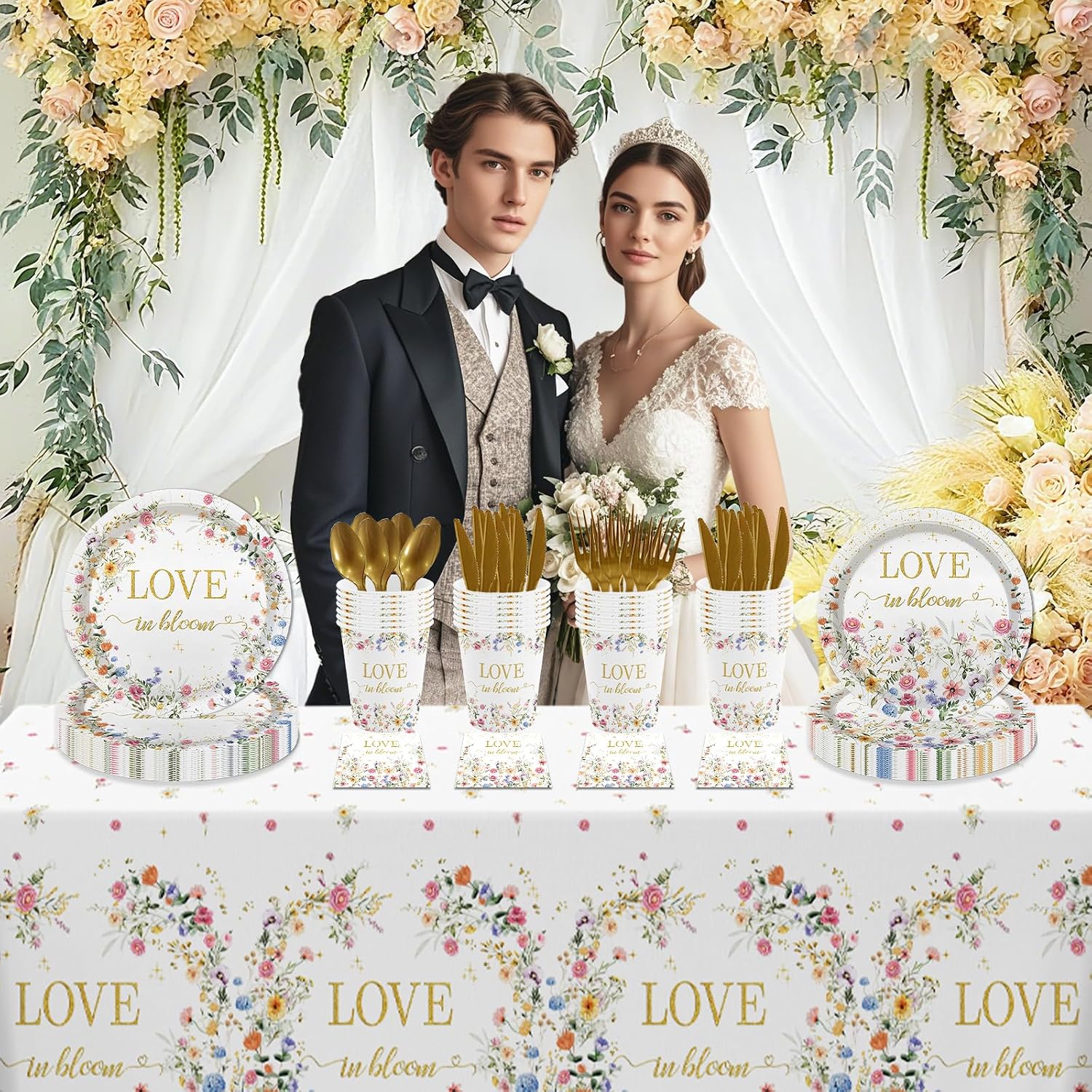 MEHOFOND Love in Bloom Bridal Shower Tableware Set Wildflower Wedding Shower Disposable Party Supplies Spring Floral Plates Napkins Cutlery Tablecloth Serves 24