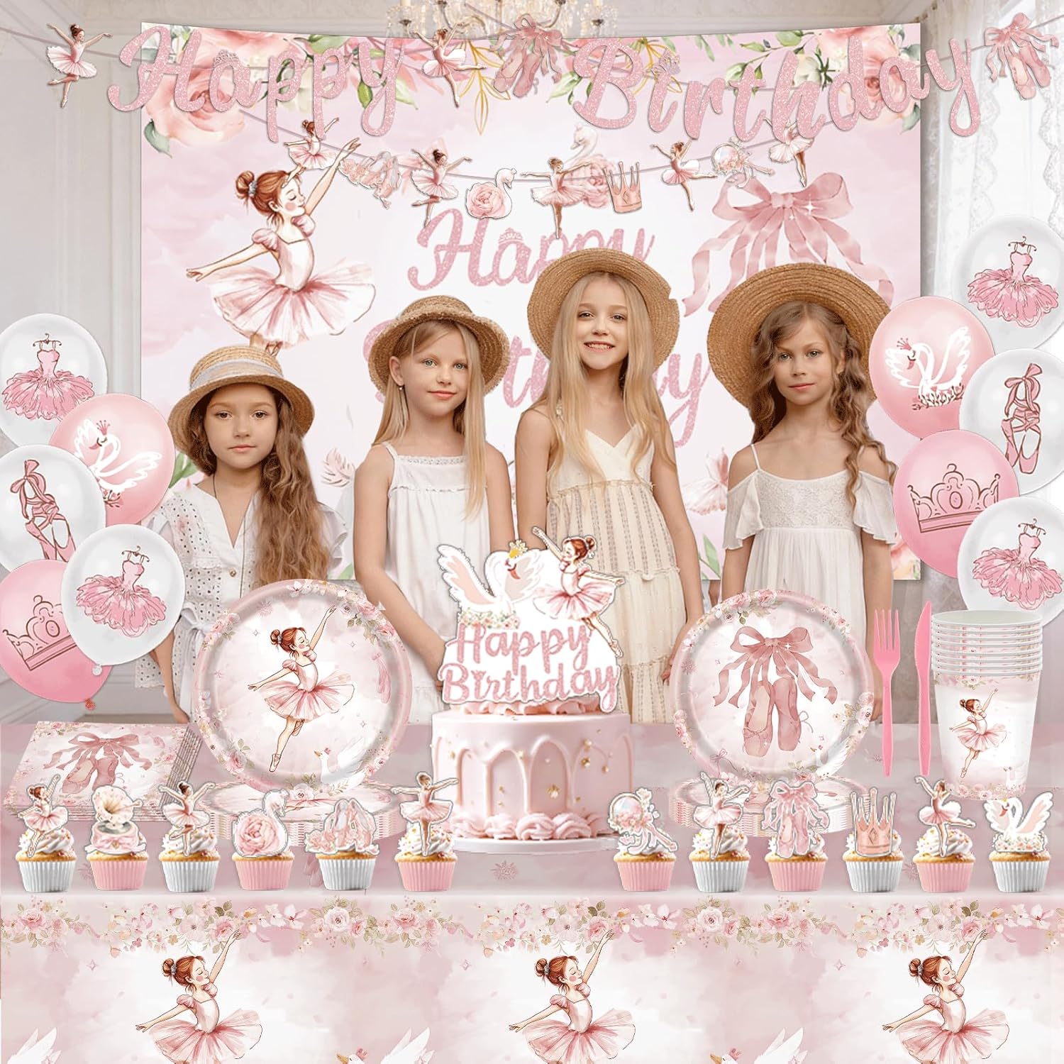 104Pcs Ballerina Birthday Party Decorations Include Banner-Backdrop-Balloons-Cake Topper-Cupcake Toppers-Tableware-Plates-Napkins-Cups-Cutlery-Tablecloth for Ballet Birthday Party Decorations