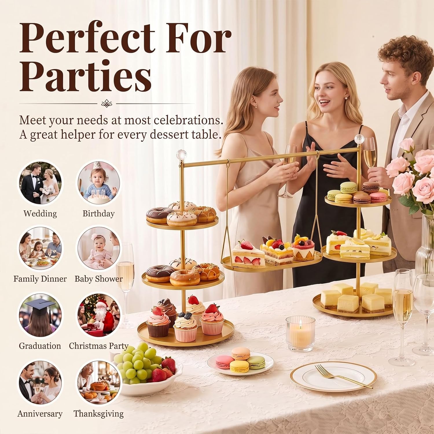 Metal 3 Tier Cupcake Stands Display, Removable Tray with Swing,Gold