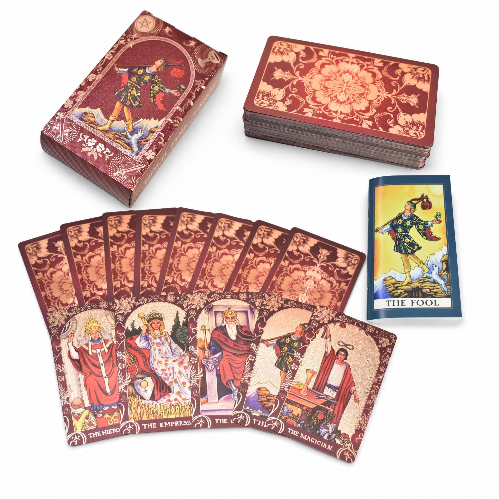 Tarot Waite Rojo Vino Con Dorado Holográfico – Baraja Premium De 78 Cartas + Guía En Inglés, Impresión En PET Mate, Coleccionable