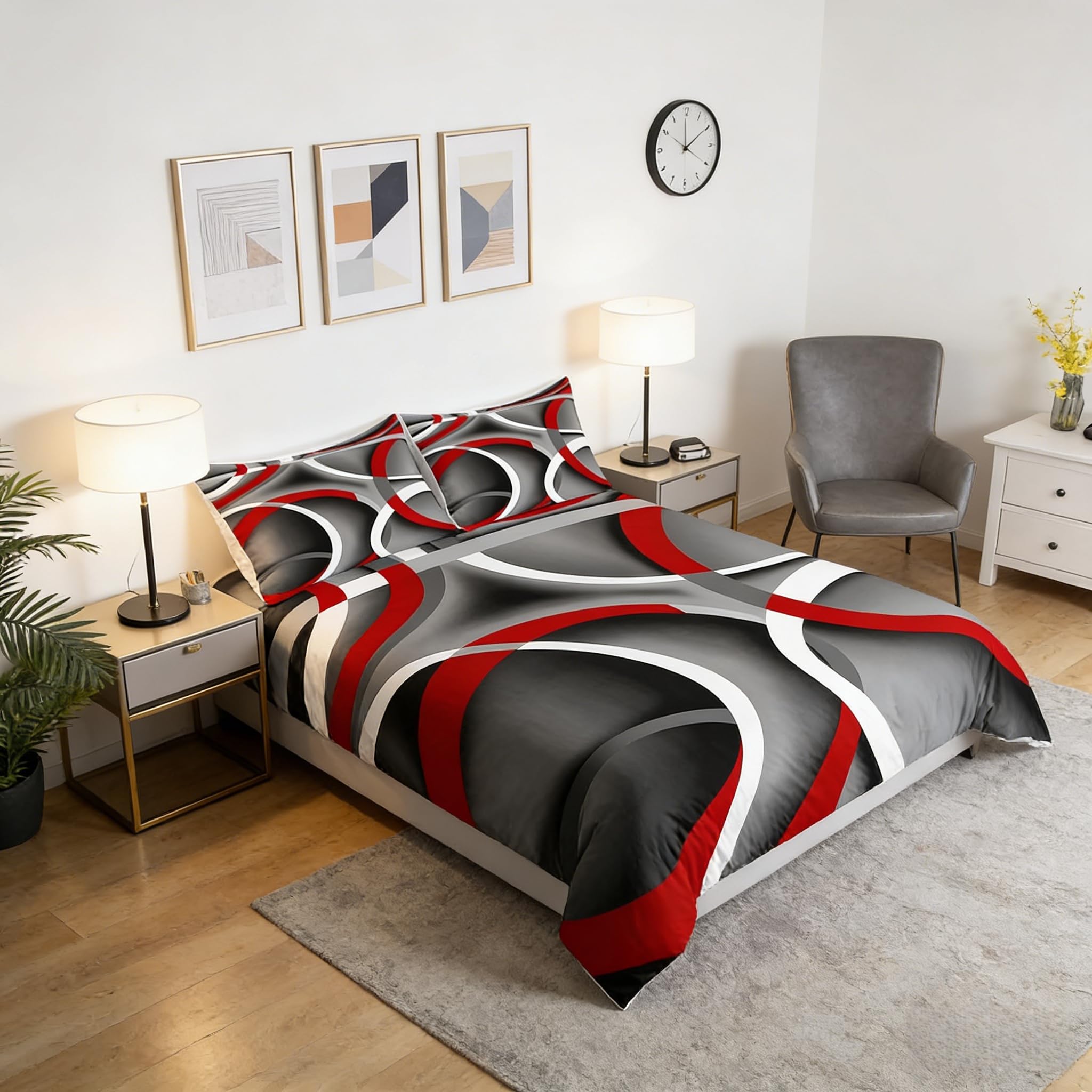 Stripes Duvet Cover Queen for Boys Girls Kids Gray Black Red Swirls Bedding Set Abstract Stripes Circle Comforter Cover Child Modern Simple Style