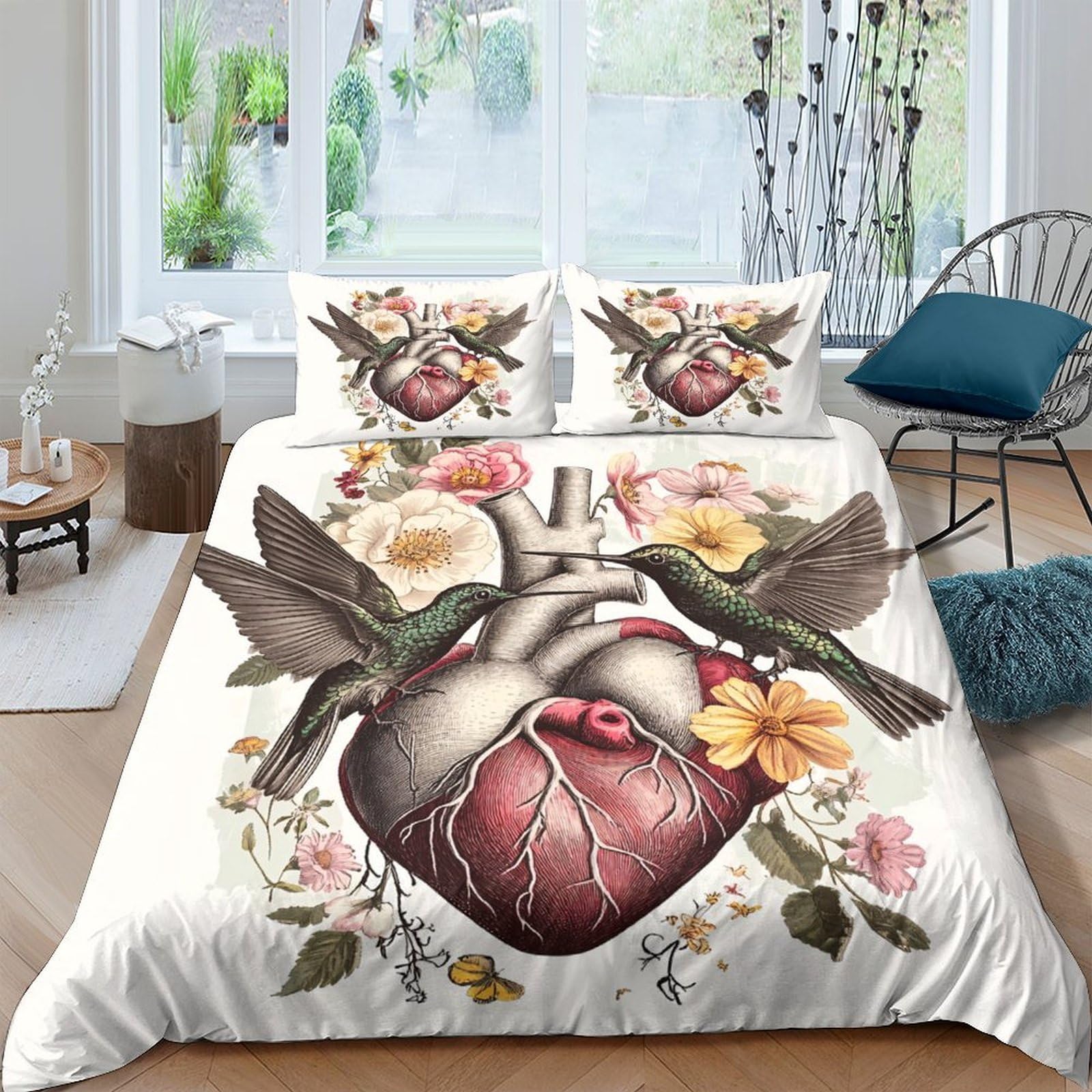 Ctjqhvkz Style-10 3D Printed Heart Hummingbird Fitted Sheet Microfiber Floral Bed Cover For Bedroom Guest Room Mattress Protector Single（135X200cm）