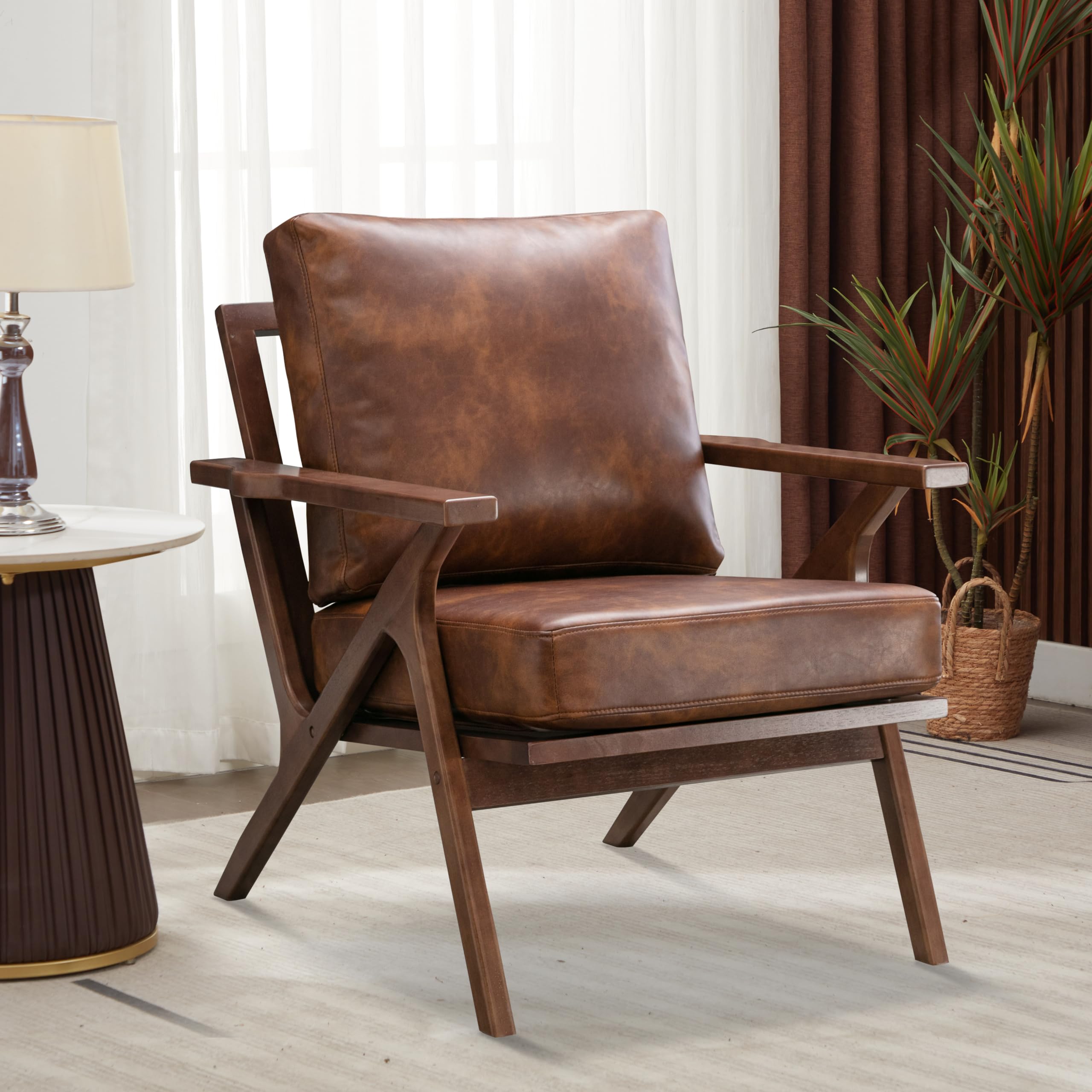 Bonzy Home Faux Leather Accent Chair for Living Room,Upholstered Armchair with Cushions and Solid Wood Frame, Mid-Century Modern Lounge Chair for