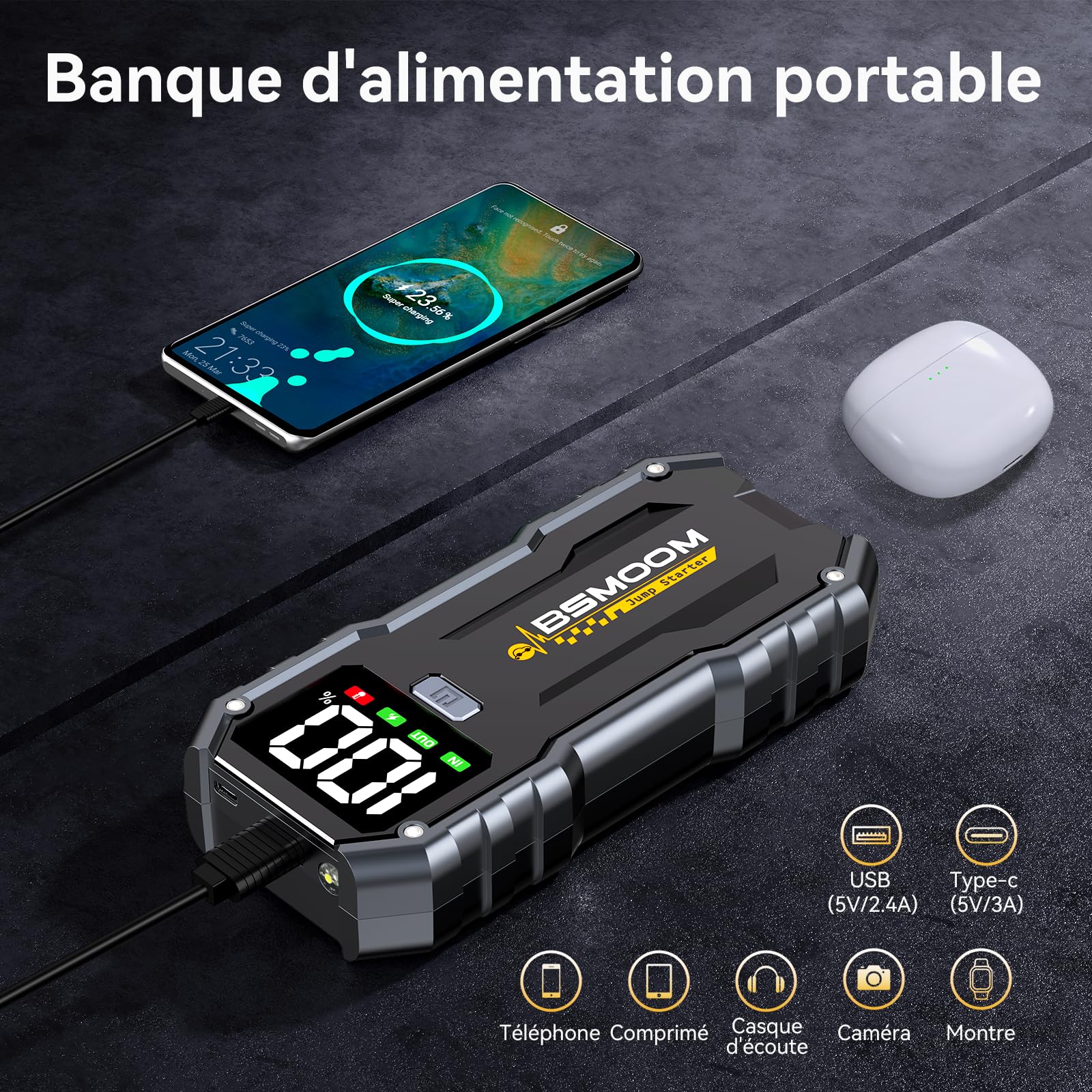 Booster Batterie Voiture Portable, 5000A Démarreur Batterie Voiture (Jusqu’à 10.0L Essence & 8.0L Diesel), Jump Starter avec Port de Charge USB, 3 Modes de Lumières LED, Écran LCD