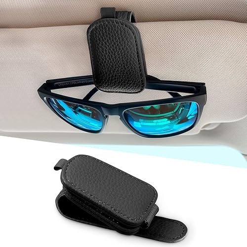 Miniatura 8 de Paquete de 2 soportes para lentes de sol para automóvil, soporte magnético de cuero para lentes de sol y clip para tarjeta de boletos, universal