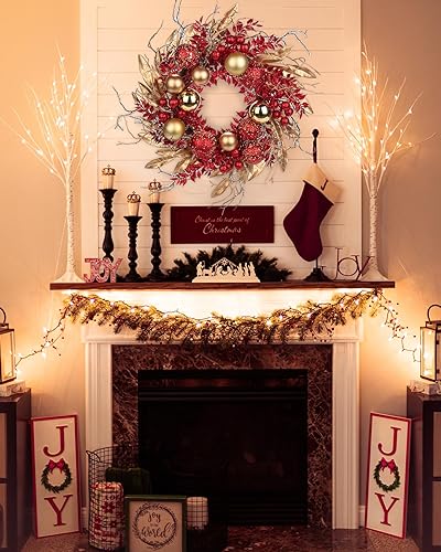 Miniatura 9 de Corona de Navidad sin luz de 16 pulgadas, corona dorada para puerta de otoño, hecha a mano con eucalipto artificial Genlisea Hortensia para casa de