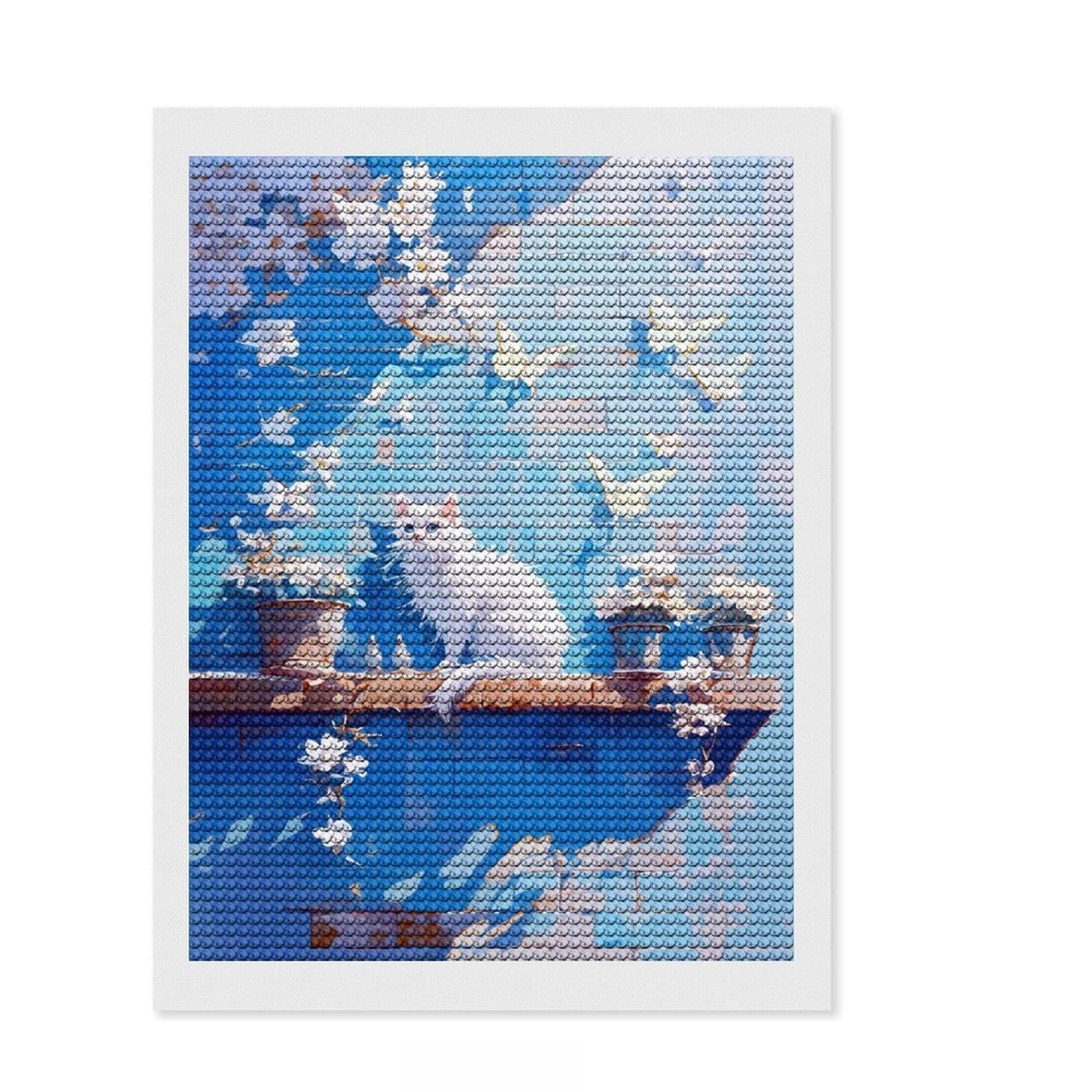 Junmoney White Cat on Blue Wall Diamond Art Canvas 12"x16", for Teens, Enjoyable At-Home Hobby, Office Decor, Gift Idea, Pleasing Wall Art Project
