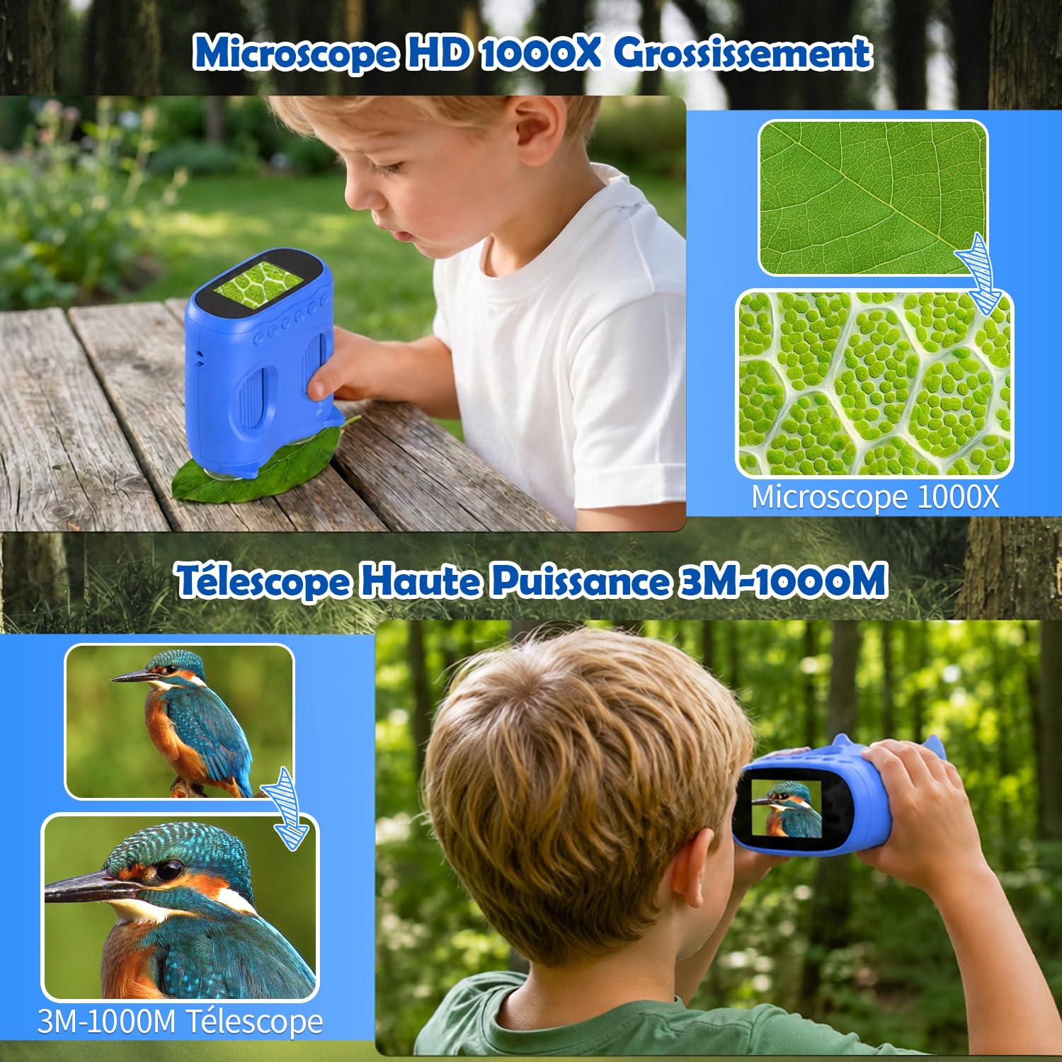 Microscope numérique 2 en 1 pour Enfants et Jumelles pour Enfants, Microscope de Poche IPS HD 2,0", télescope grossissant 10x avec 8 LED 1080P, Jouet d'extérieur Naturel pour Filles et garçons, Bleu