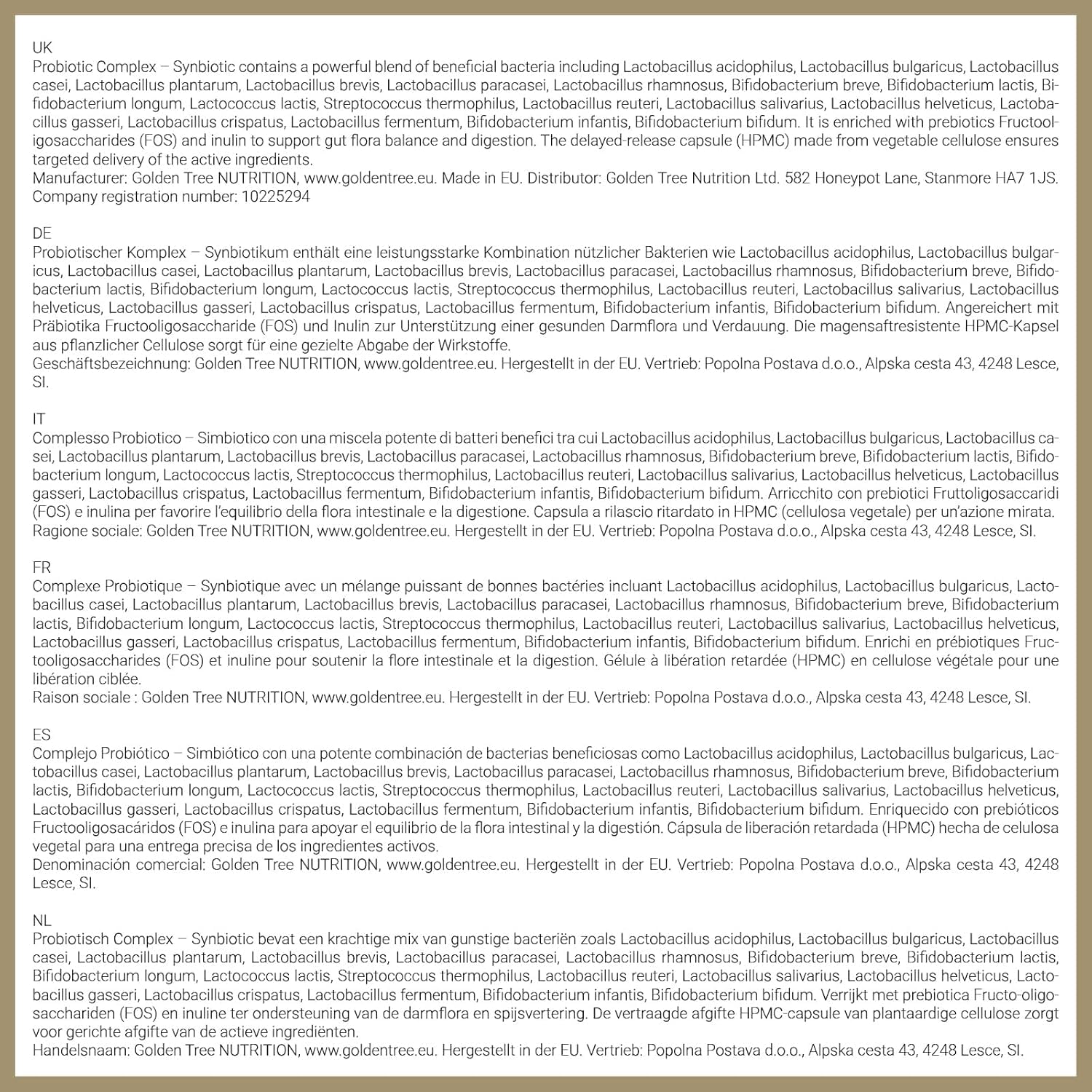 Golden Tree Complete Biotics – Probiotiques, 30 gélules | Avec 20 cultures et souches bactériennes, 20 milliards d’UFC par dose journalière, Gélules gastro-résistantes