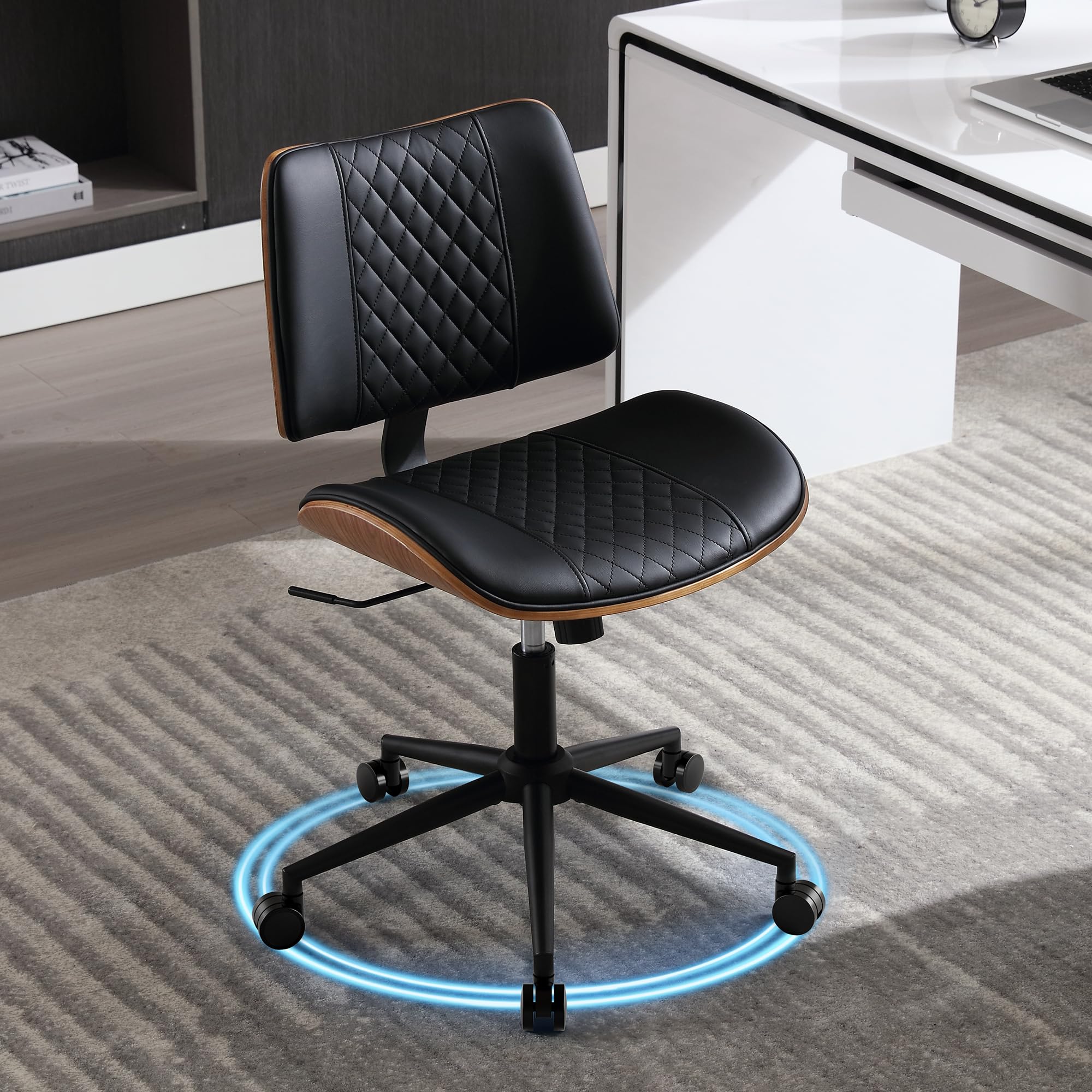 BERYTH Armless Desk Chair with Wheels Boucle Home Office Chair 360° Swivel Adjustable Height PU Leather Max. 136kg Mid Back Modern Bentwood Walnut for Reading Meeting Study Makeup Room Bedroom Black
