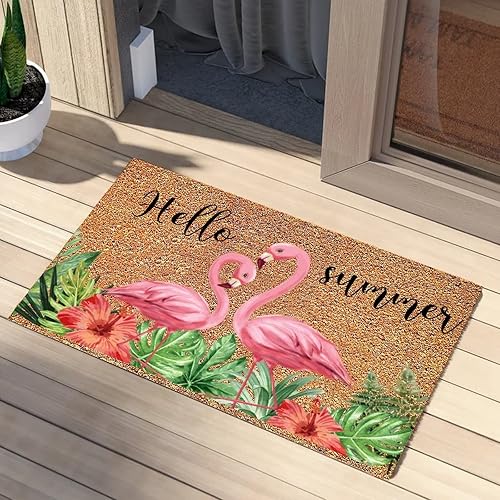 Felpudo de coco Hello Summer Happy Life, tapete de flamenco para interiores y exteriores, tapete de piso para entrada, se seca rápidamente, respaldo