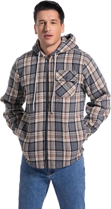 Elesuit Mens Zip Hoodie Jacket Flannel Fleece Plaid Shirt Hood Grey M image 2