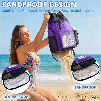 Mesh Beach Backpack Sandproof Waterproof Drawstring Backpack with Tumbler Side Pockets Swim Bag for Pool Gym(Purple)