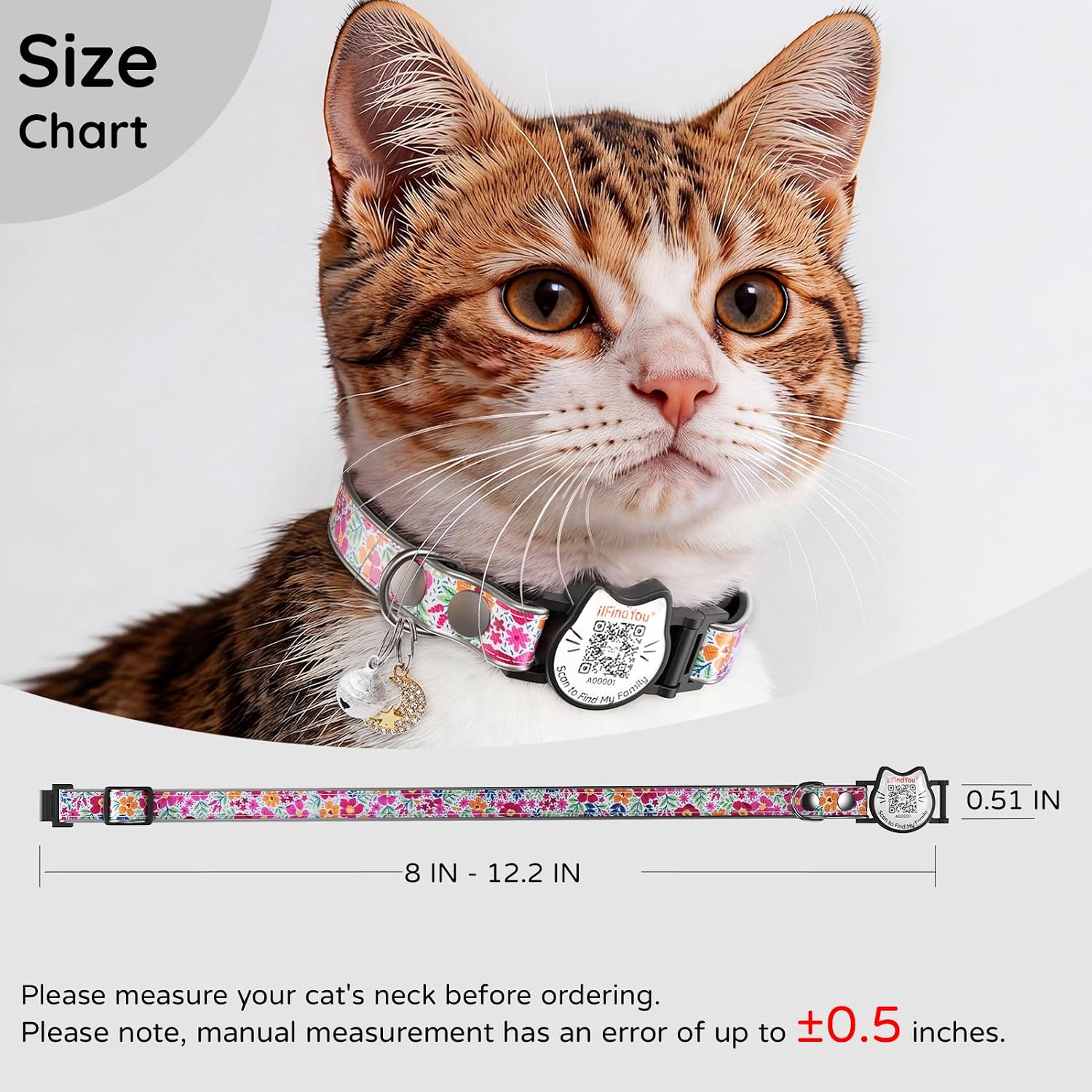 Breakaway Cat Collar QR Code, Reflective Bell, Adjustable Kitten Red Flower image 4
