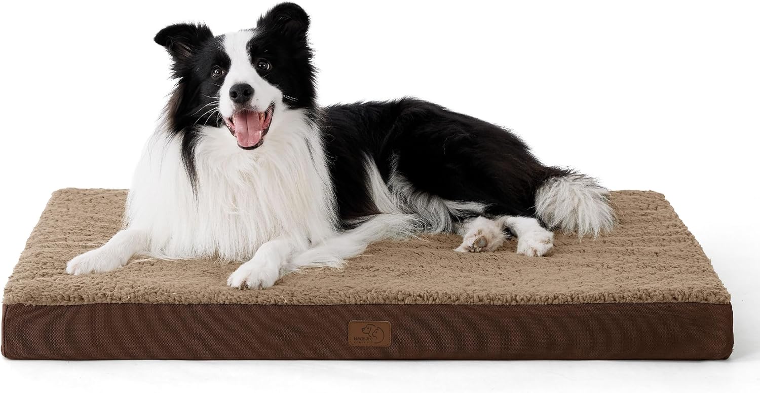 Fodera per cuscino ortopedico rimovibile per cani Bedsure – Tappetino per cani grande 91 x 69 x 7,5 cm, cuccia per cani in schiuma con fodera in peluche, materasso lavabile per cani, Marrone