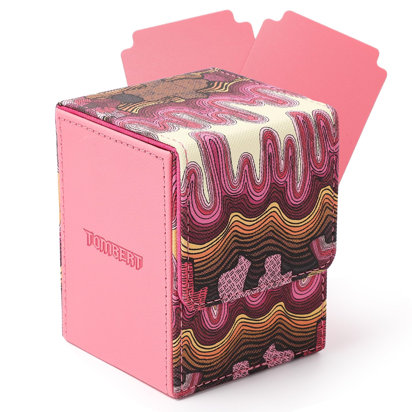 tombert 150+ - Caja de mazo prémium para MTG, gran capacidad con 2 divisores, se adapta a más de 100 cartas con funda TCG (Vertical-rosa y blanco)