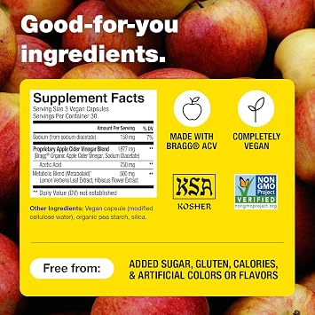 Bragg Metabolism Support Apple Cider Vinegar Capsules with Botanical Blend - 90 Capsules - Increased GLP-1 Support for Weight Management, Appetite Control, ness