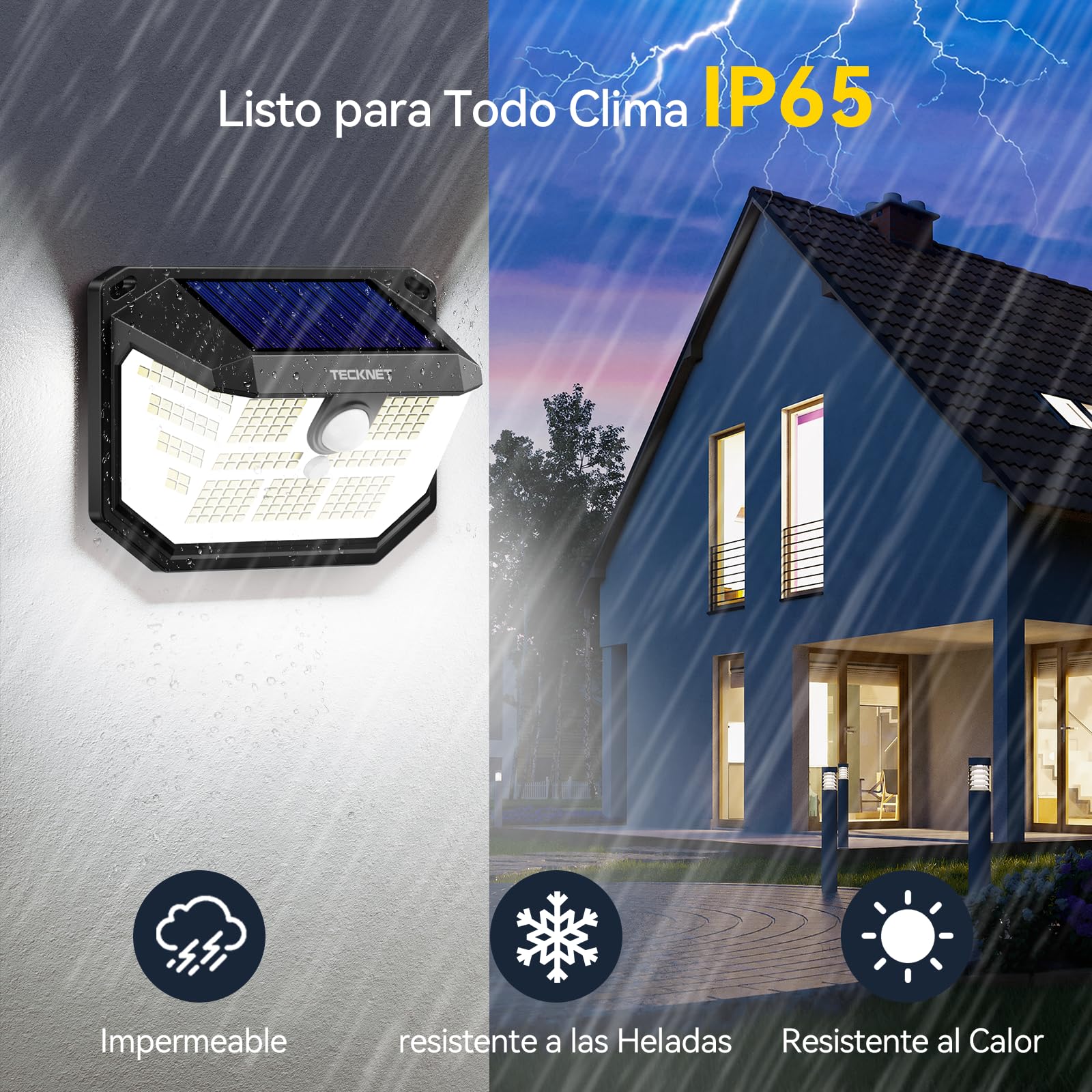 TECKNET Luz Solar Exterior, 231 LED/300° Iluminación (Ilumina 35㎡) Brillo Alto Luces Solares con Sensor de Movimiento, 3 Modes IP65 Impermeable Focos Led Solares para Jardín, Garaje, Patio, 4 Paquete