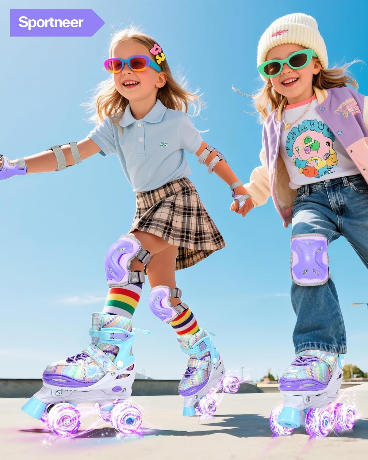 Sportneer Kids Roller Skates: 4 Size Adjustable Quad Skates with Light Up Wheels for 5-8, 8-12 Girls Boys Kids Toddlers Beginners, Birthday Gift with Protective Gear Set for Outdoor Indoor
