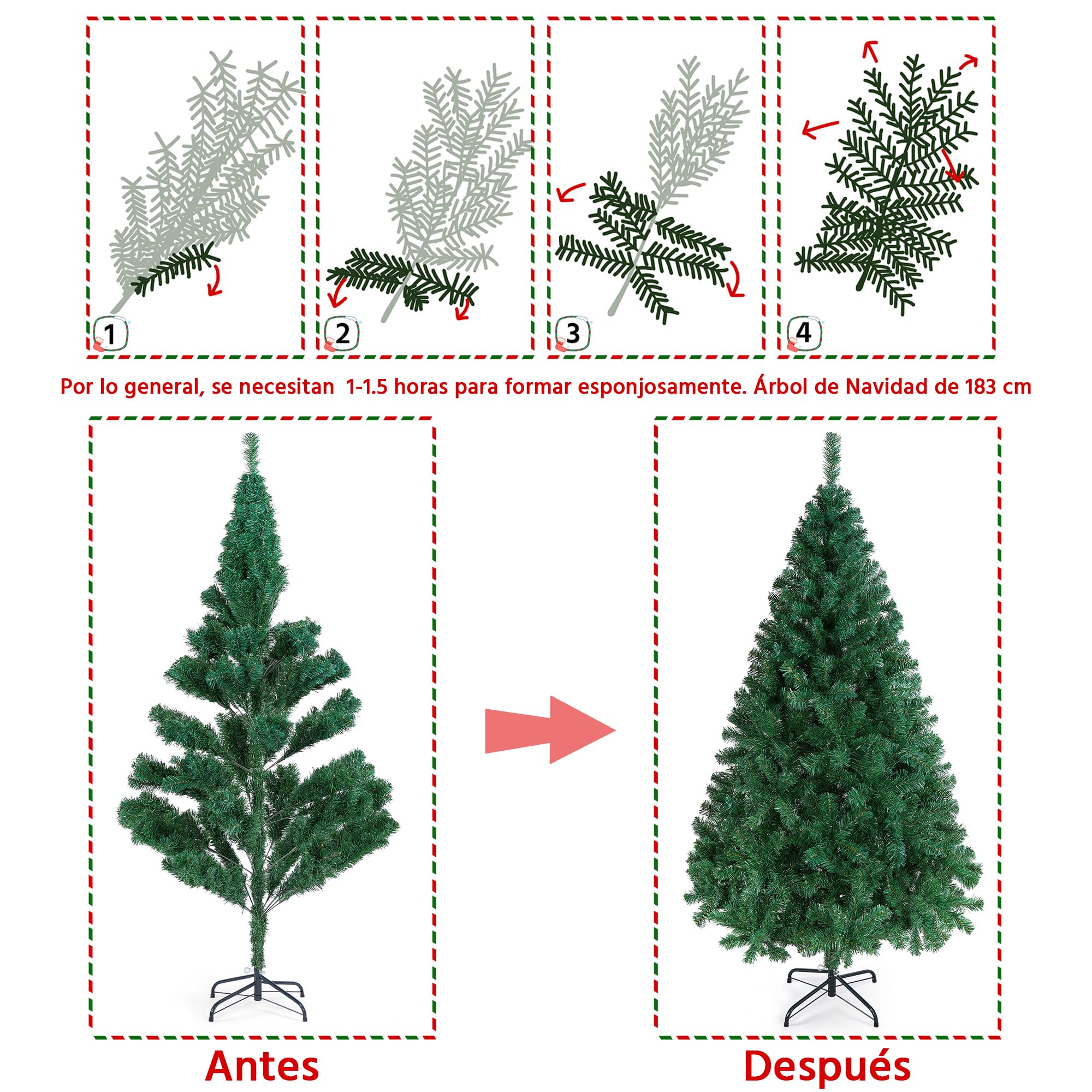 Yaheetech Árbol de Navidad 183cm Artificial Christmas Tree 598 Ramas PVC con Soporte de Metal Plegable Decoración Navideña Verde