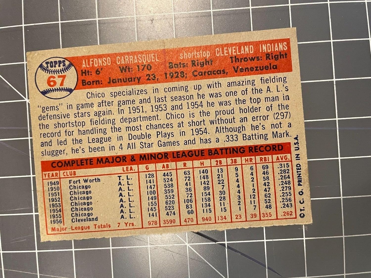 1957 Topps #67 Chico Carrasquel Cleveland Indians Baseball Card Nm - Slabbed Baseball Cards