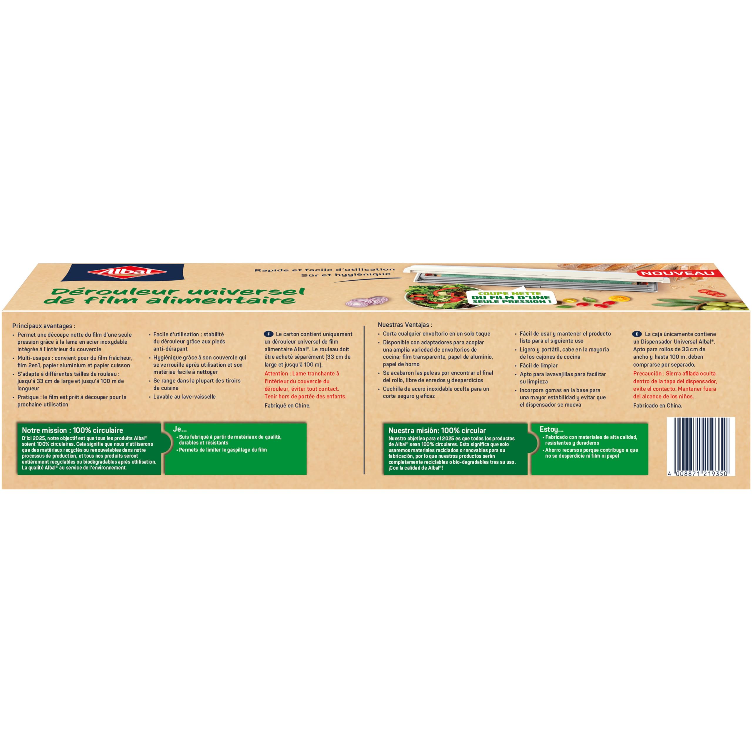 ALBAL Dérouleur Universel de film alimentaire (37 x 9cm), Dérouleur film étirable, aluminium et papier cuisson, pour une découpe nette d'une seule pression, Blanc