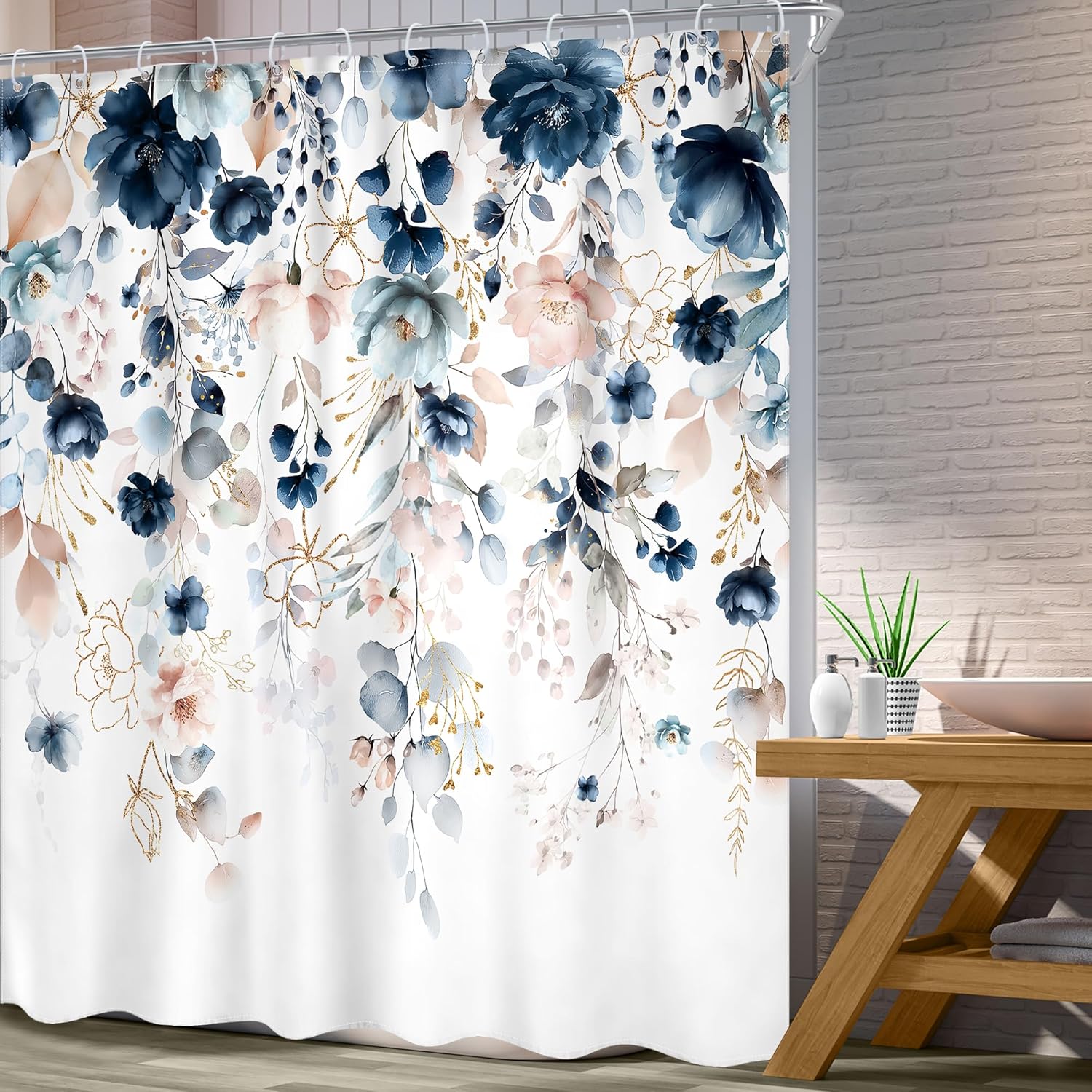 Blue Pink Floral Shower Curtain Extra Long 72Wx84L Inch Rustic Floral Boho Wildflower Watercolor Gold Eucalyptus Leaf Bathroom Set Plant Botanical Bath Curtain Bathtub Accessories Home Decor