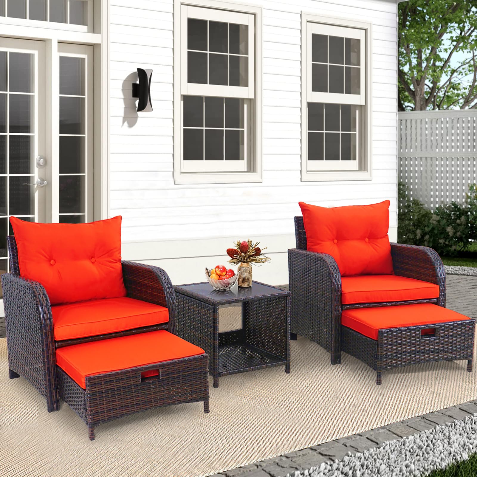 FYRICKYLINOO 5 Pieces Wicker Patio Chairs Set with Ottomans, Orange Cushioned Lounge Chairs Set of 2 with Ottoman, PE Rattan Outdoor Furniture with