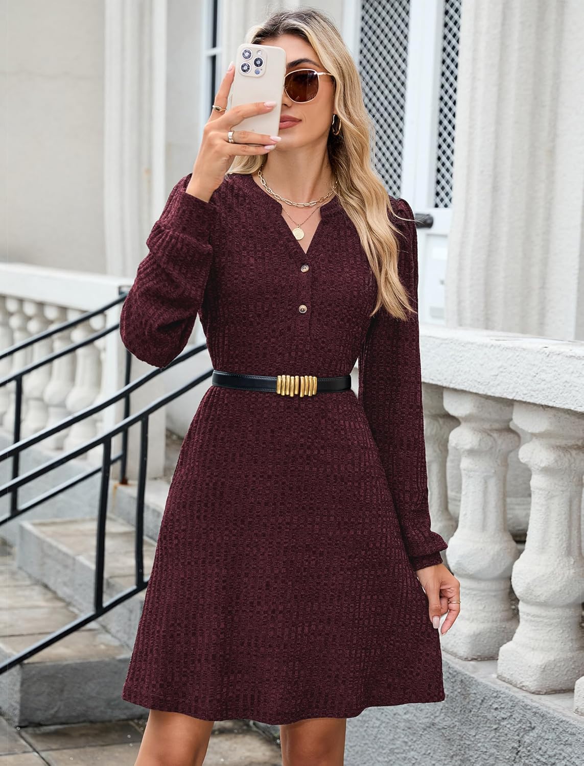 ZAFUL Womens Long Sleeve Fall Dresses with Pockets V Neck Button Casual Bodydoll Knit Sweater Dress 2025 - Image 5