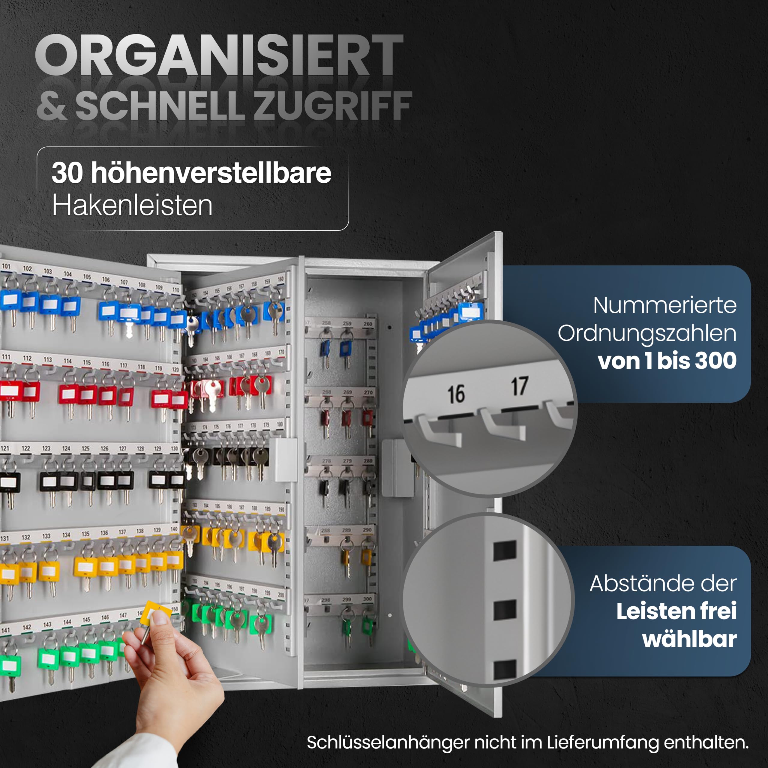 Schlüsselkasten SD300 – Schlüsselschrank mit 300 Haken, robuste Schlüsselbox aus Stahl, abschließbarer Safe, magnetische Außenseite, höhenverstellbare Leisten, Wandmontage (55x38x20cm)
