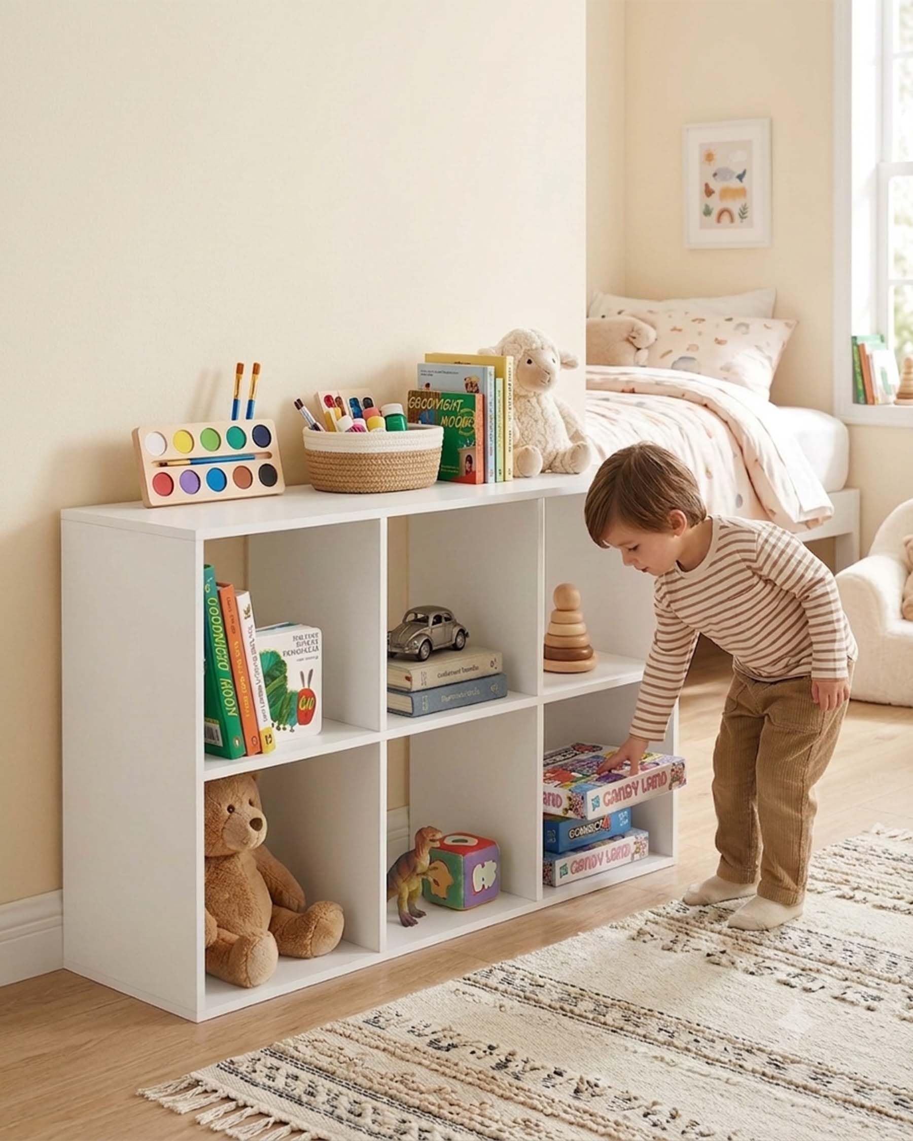 Libreria Bambini e Scaffale Portatutto - Mobiletto Organizzatore Giocattoli Bianco, Scaffale con 6 Cubi, Mobile Contenitore Stabile per Cameretta e Salotto, 92.5x29x62 cm