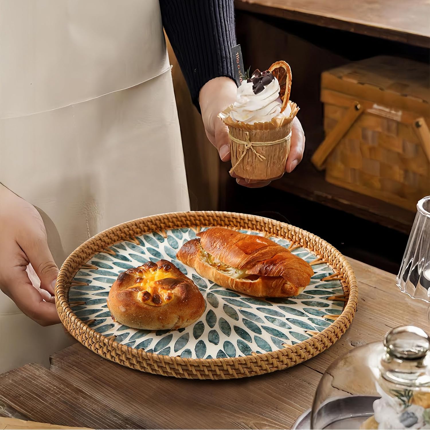 Round Rattan Tray with Mother of Pearl Inlay, Decorative Wicker Serving Tray with Wooden Base, Woven Basket Trays for Bread Fruits Coffee, Light Blue - Image 6