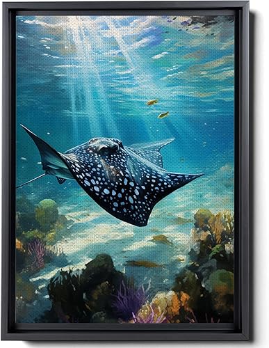 Nautical Print on Canvas for Wall Decor, Ocean Fish Manta Ray Canvas Wall Art, Beach Print for Wall Hang, Turquoise Coastal Pictures Wall Decor,