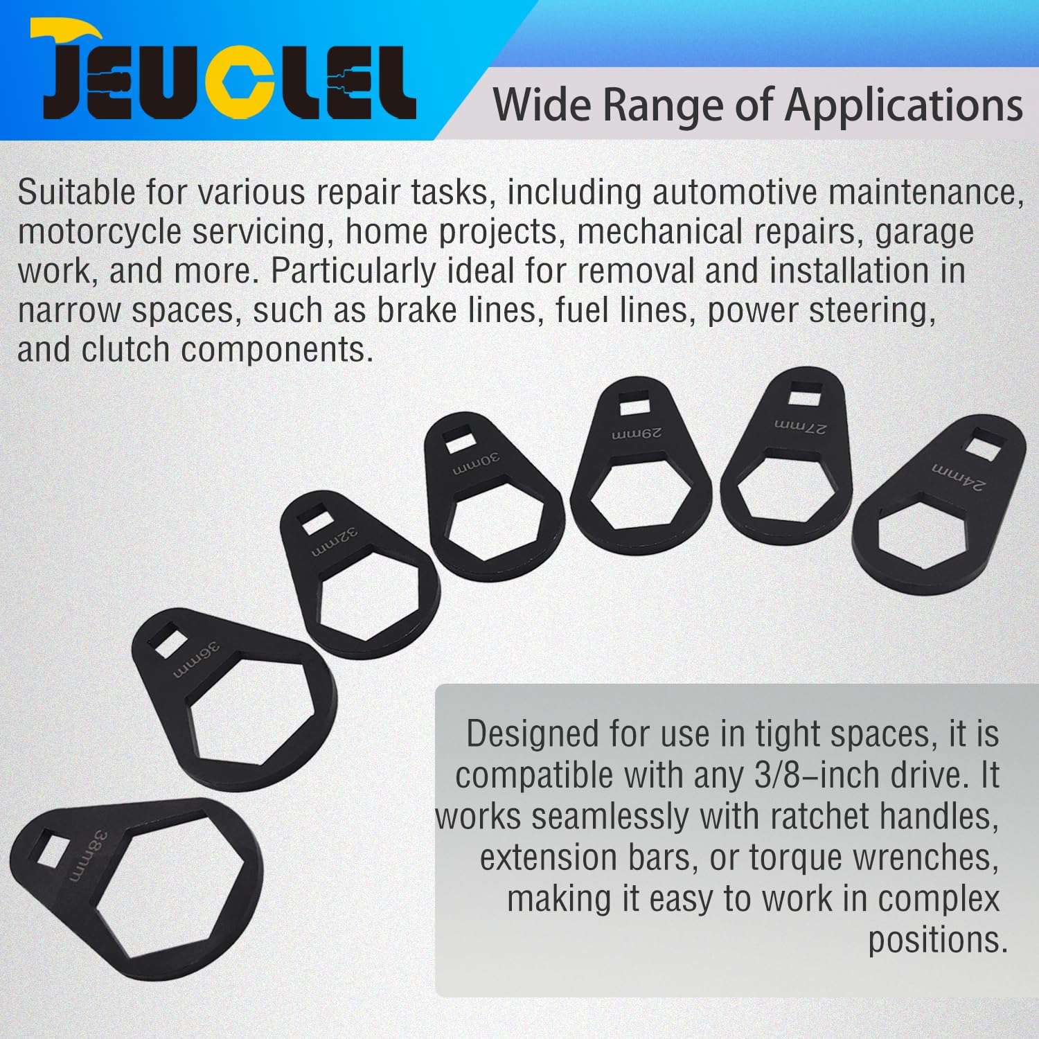 JEUCLEL 7PCS 6 Point 3/8" Drive Oil Filter Offset Cap Wrench Set, Crows Foot Ring Set - Image 4